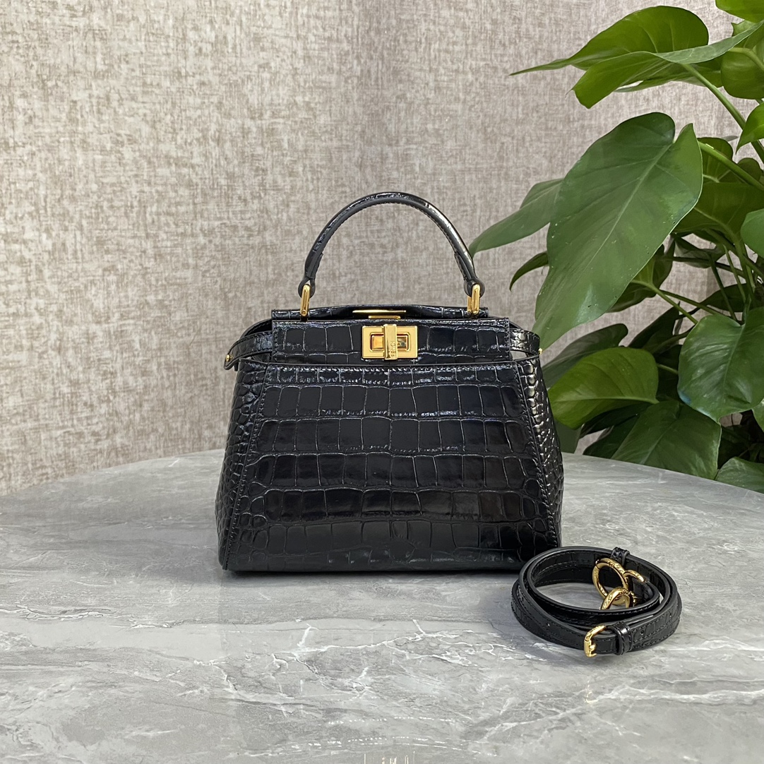 Fendi Small Peekaboo Bag Crocodile-Embossed Leather With Chain Black