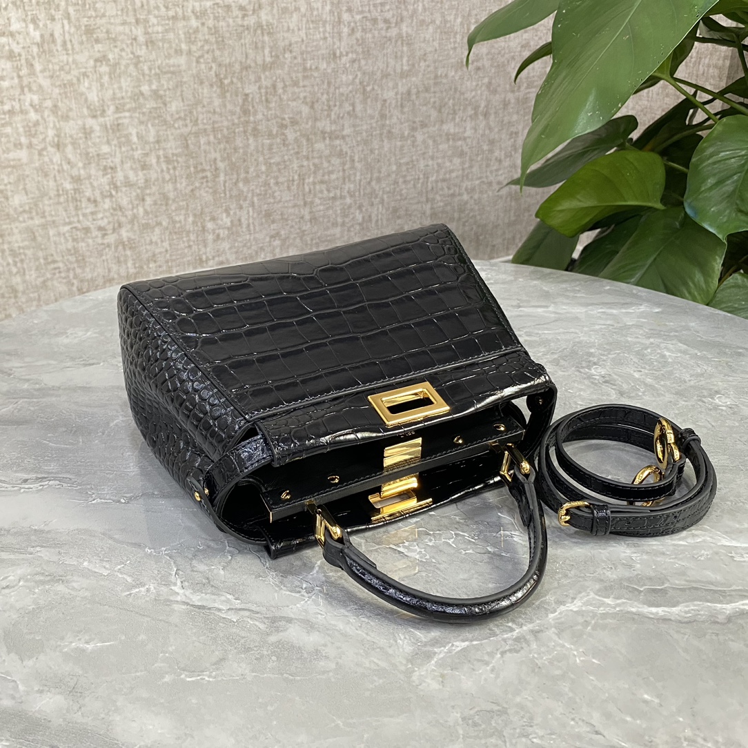 Fendi Small Peekaboo Bag Crocodile-Embossed Leather With Chain Black