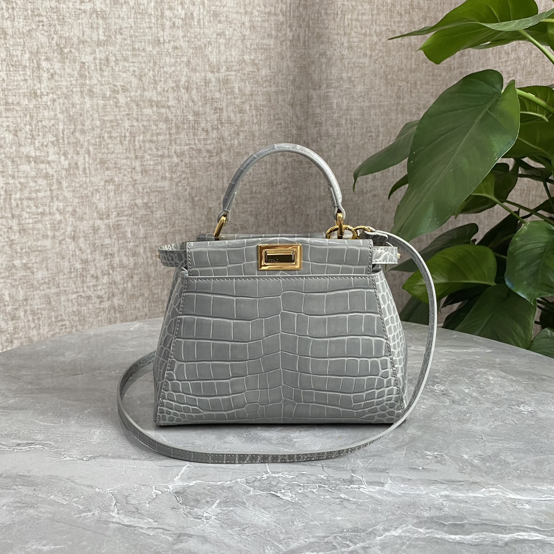 Fendi Small Peekaboo Bag Crocodile-Embossed Leather With Chain Gray