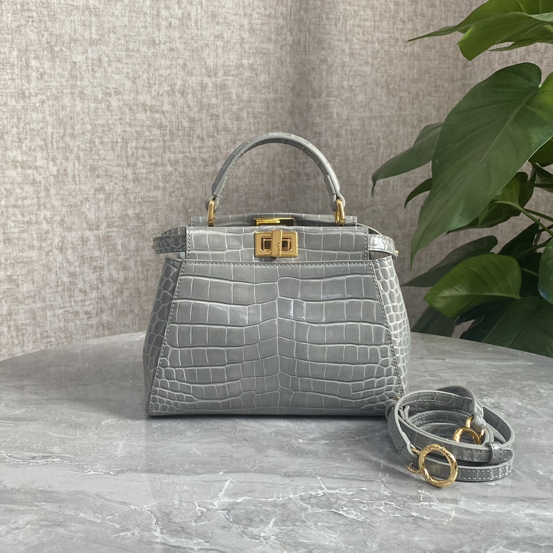 Fendi Small Peekaboo Bag Crocodile-Embossed Leather With Chain Gray