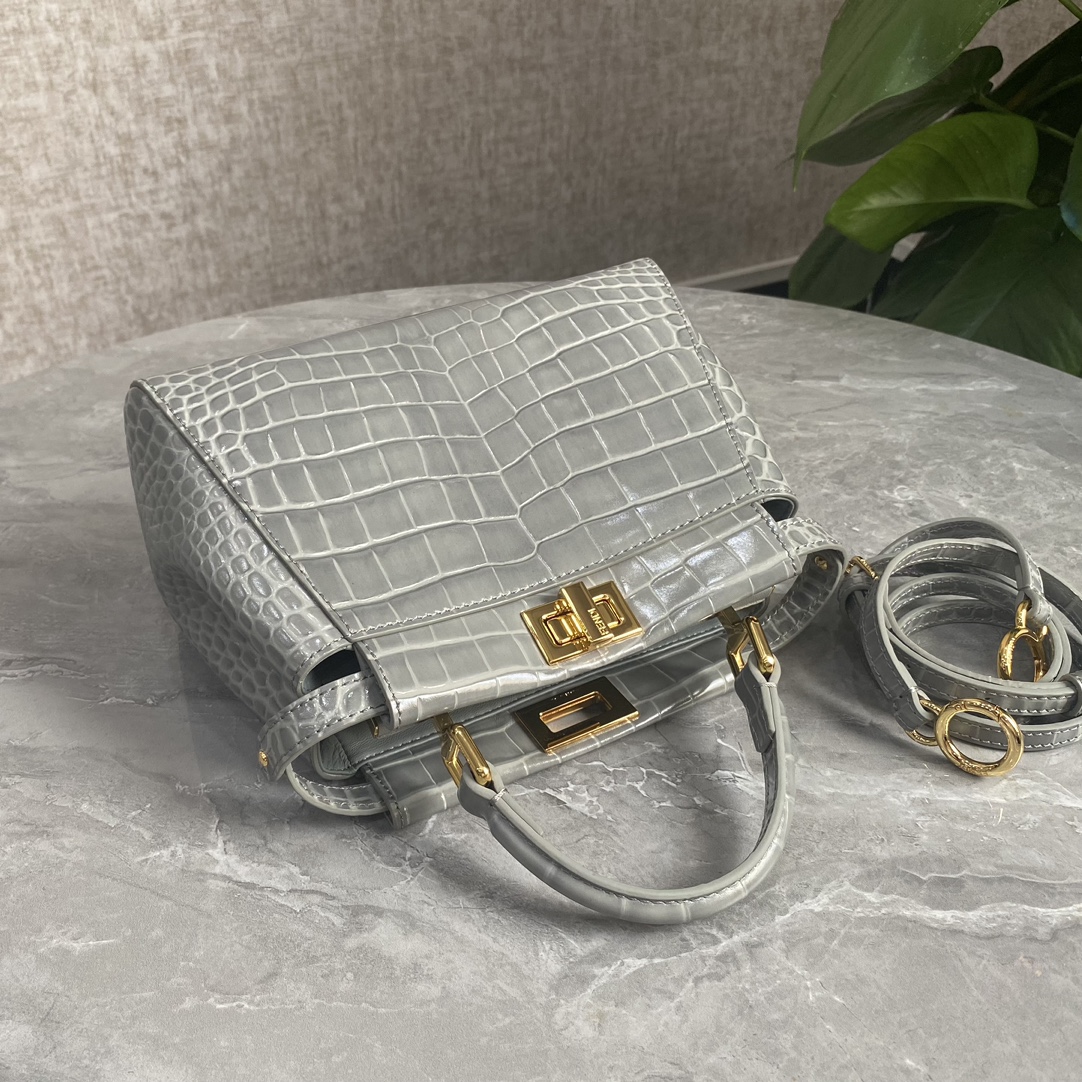 Fendi Small Peekaboo Bag Crocodile-Embossed Leather With Chain Gray