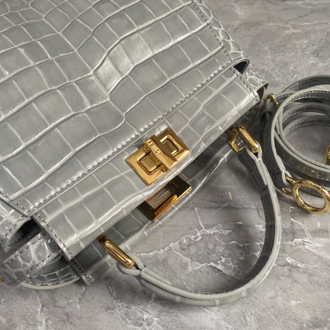 Fendi Small Peekaboo Bag Crocodile-Embossed Leather With Chain Gray