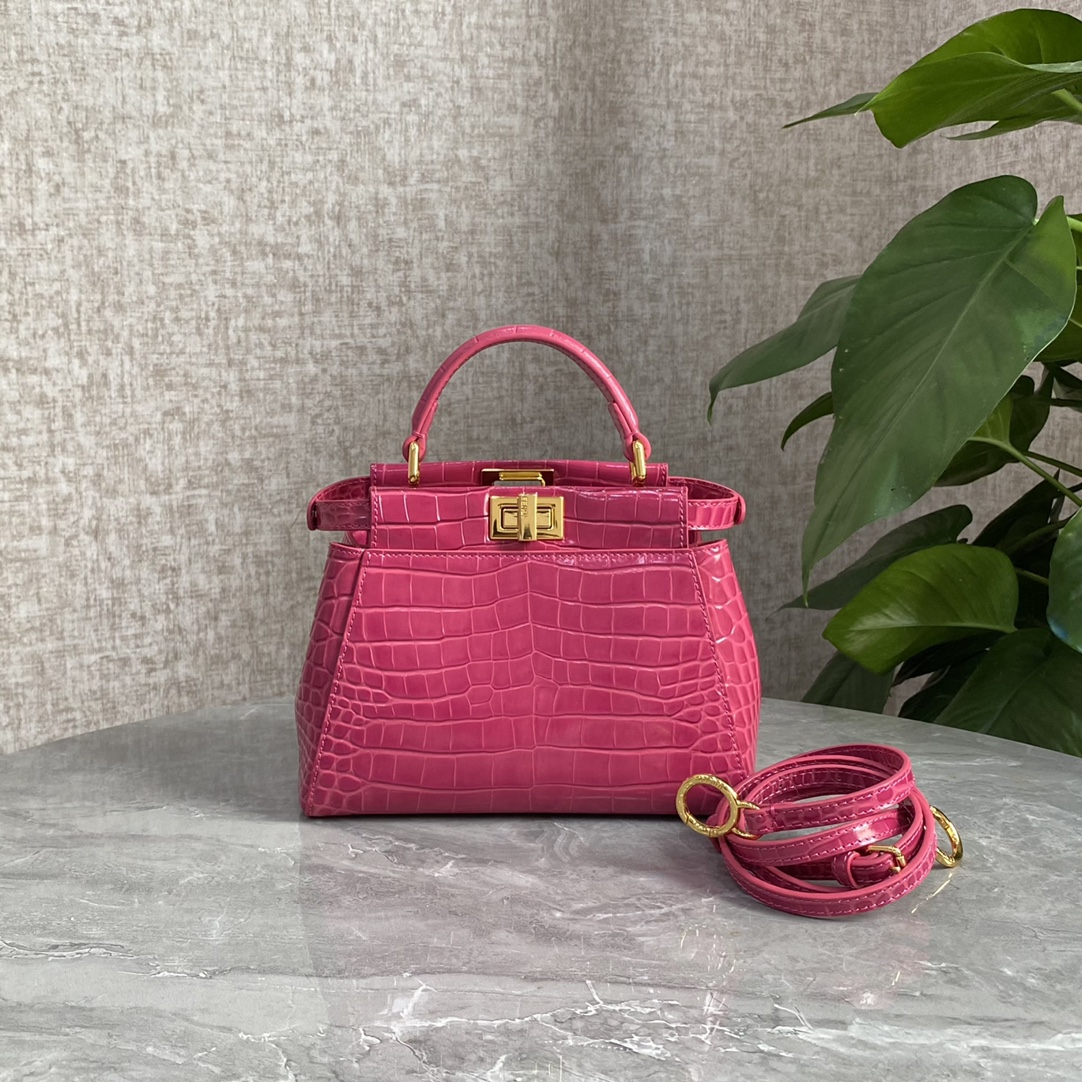 Fendi Small Peekaboo Bag Crocodile-Embossed Leather With Chain Pink