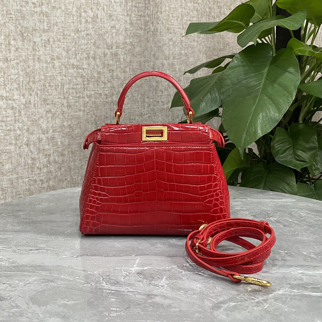 Fendi Small Peekaboo Bag Crocodile-Embossed Leather With Chain Red