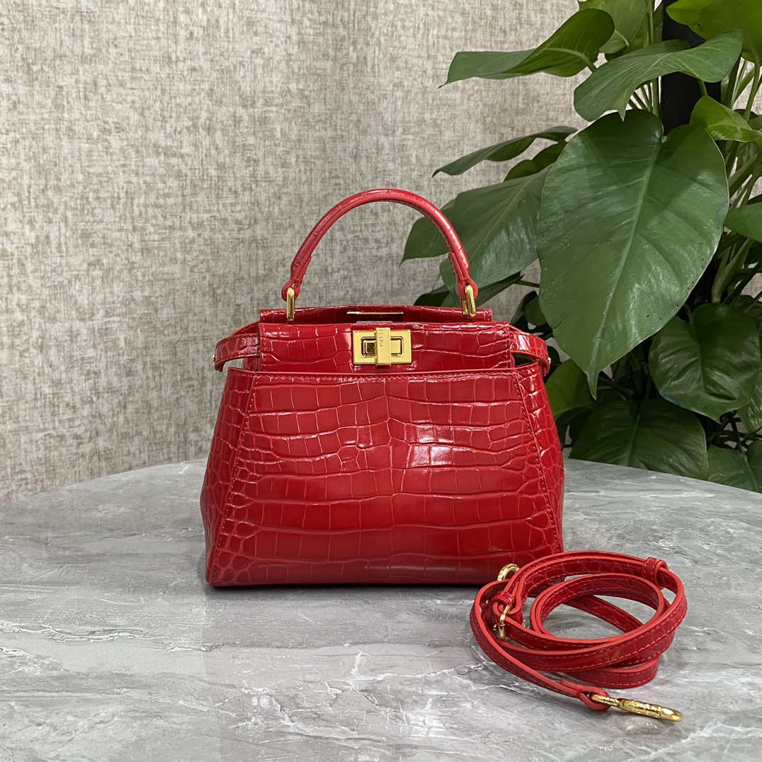 Fendi Small Peekaboo Bag Crocodile-Embossed Leather With Chain Red