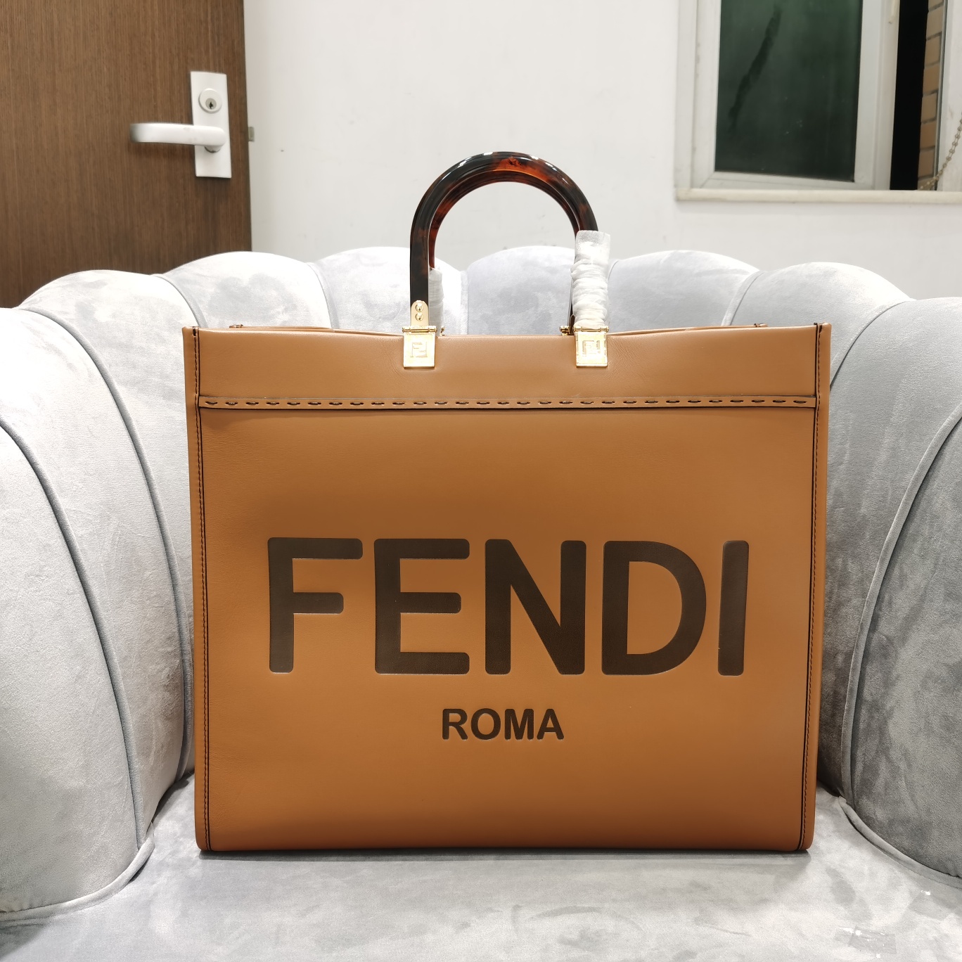 Fendi Sunshine Brown White Leather Shopper