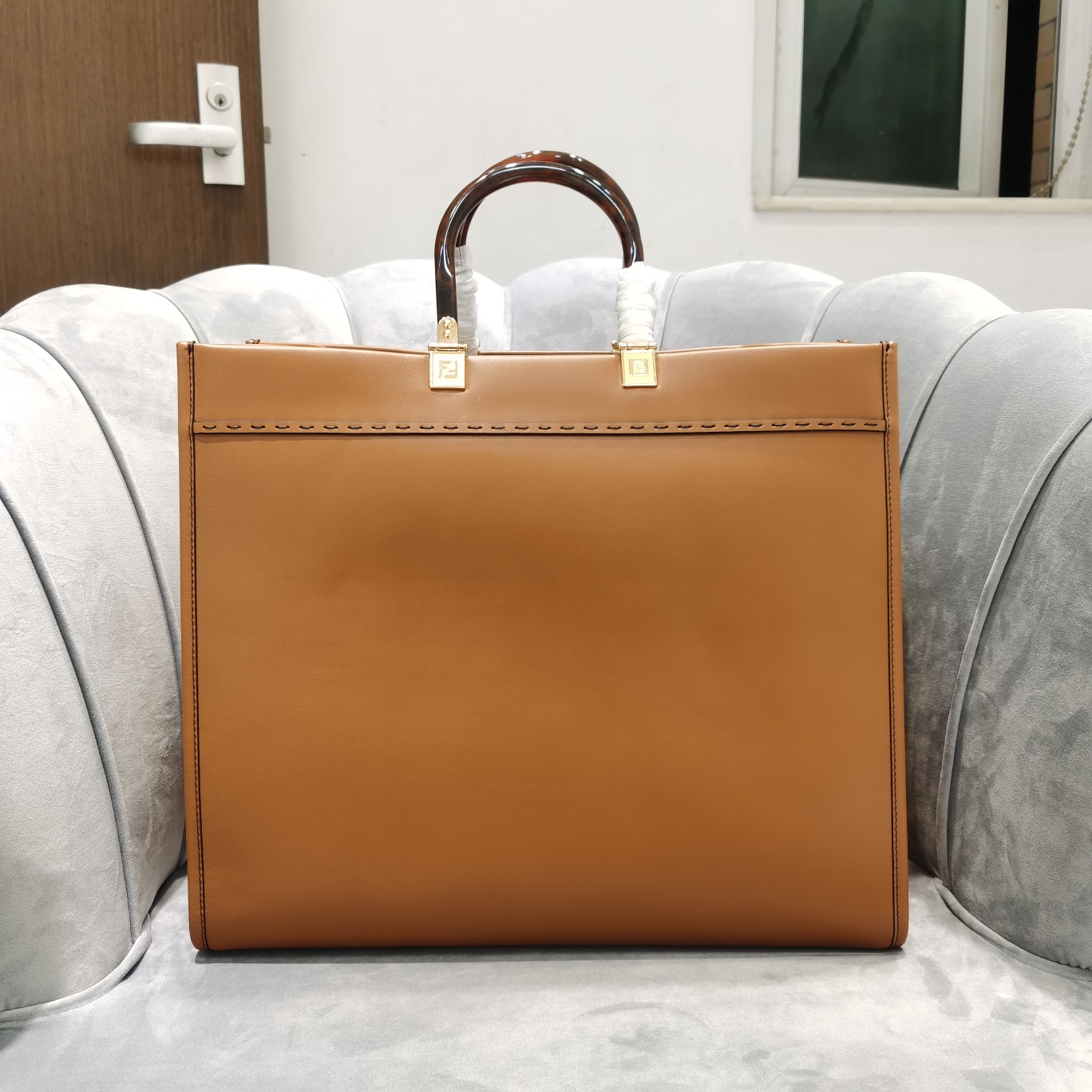 Fendi Sunshine Brown White Leather Shopper