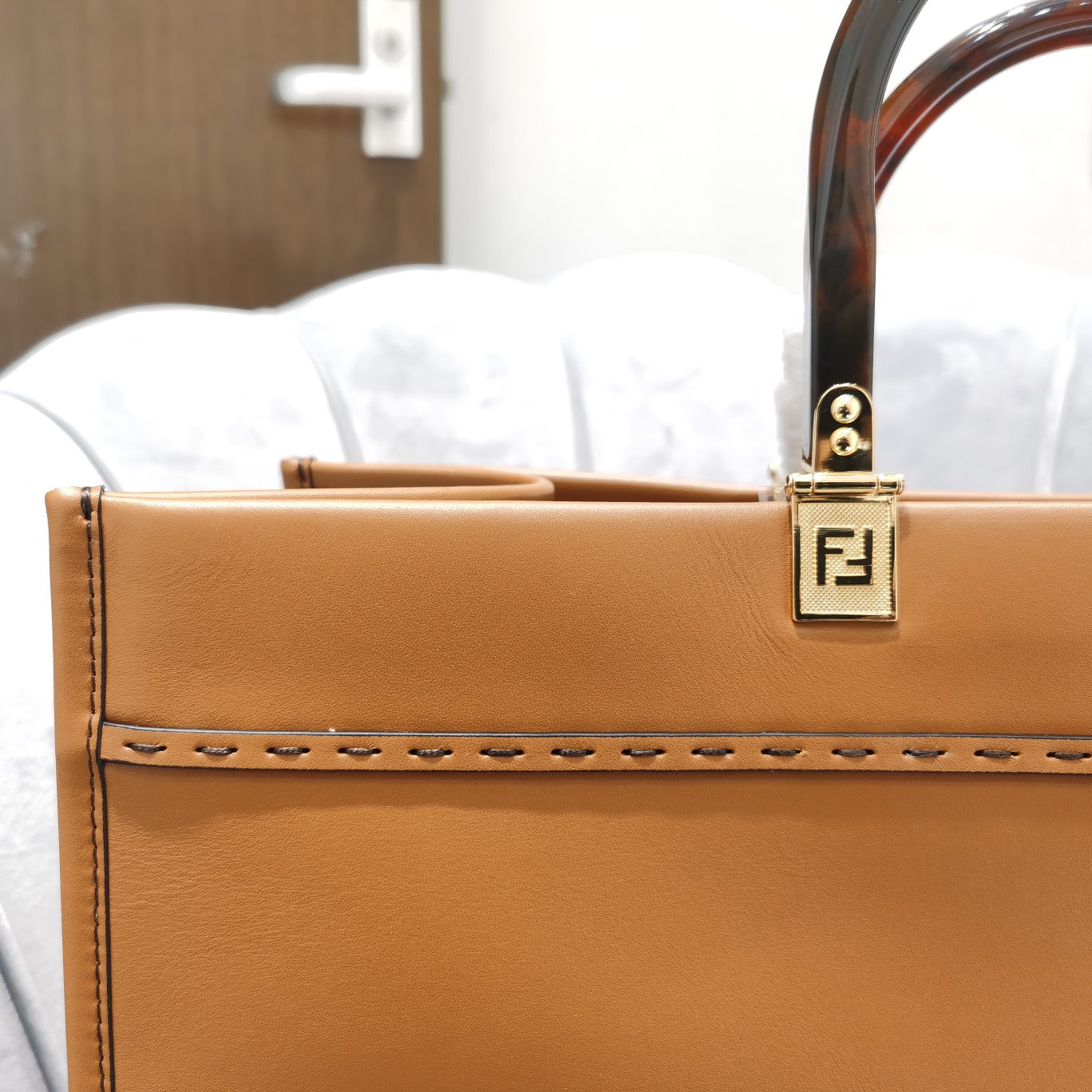 Fendi Sunshine Brown White Leather Shopper