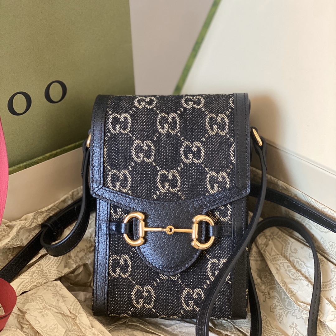 Good Copy Gucci Horsebit 1955 Mini Phone Bag Ivory GG Denim Jacquard 625615