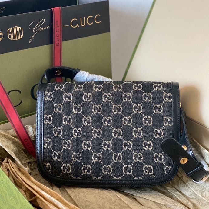 Good Copy Gucci Horsebit 1955 Shoulder Bag Black and Ivory GG Denim Jacquard 602204