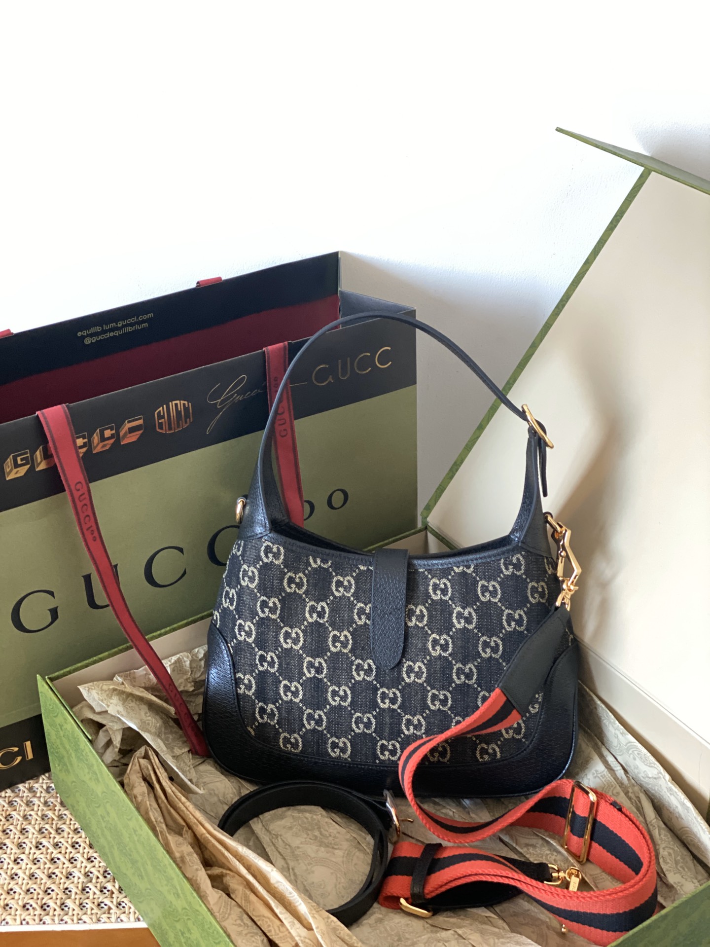 Good Copy Gucci Jackie 1961 Small Shoulder Bag Black and Ivory GG Denim Jacquard