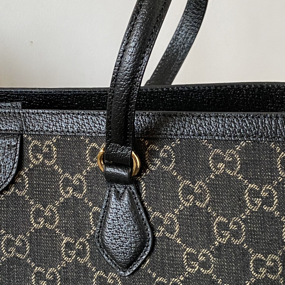 Good Copy Gucci Ophidia Medium Tote with Web Black and Ivory GG Denim Jacquard 631685