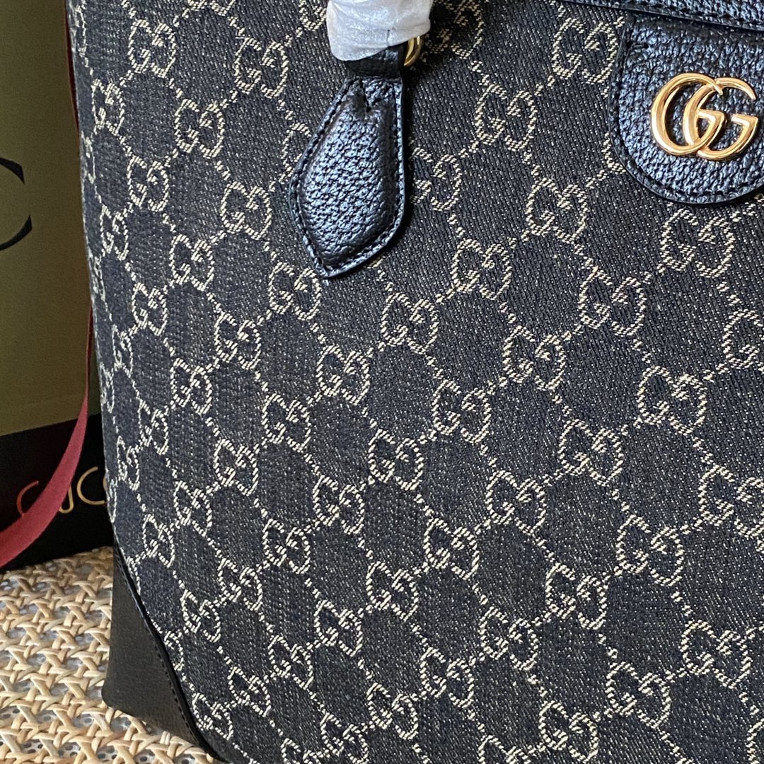 Good Copy Gucci Ophidia Medium Tote with Web Black and Ivory GG Denim Jacquard 631685