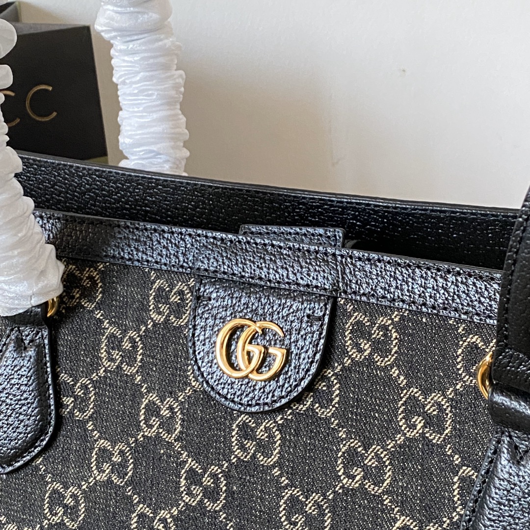 Good Copy Gucci Ophidia Medium Tote with Web Black and Ivory GG Denim Jacquard 631685