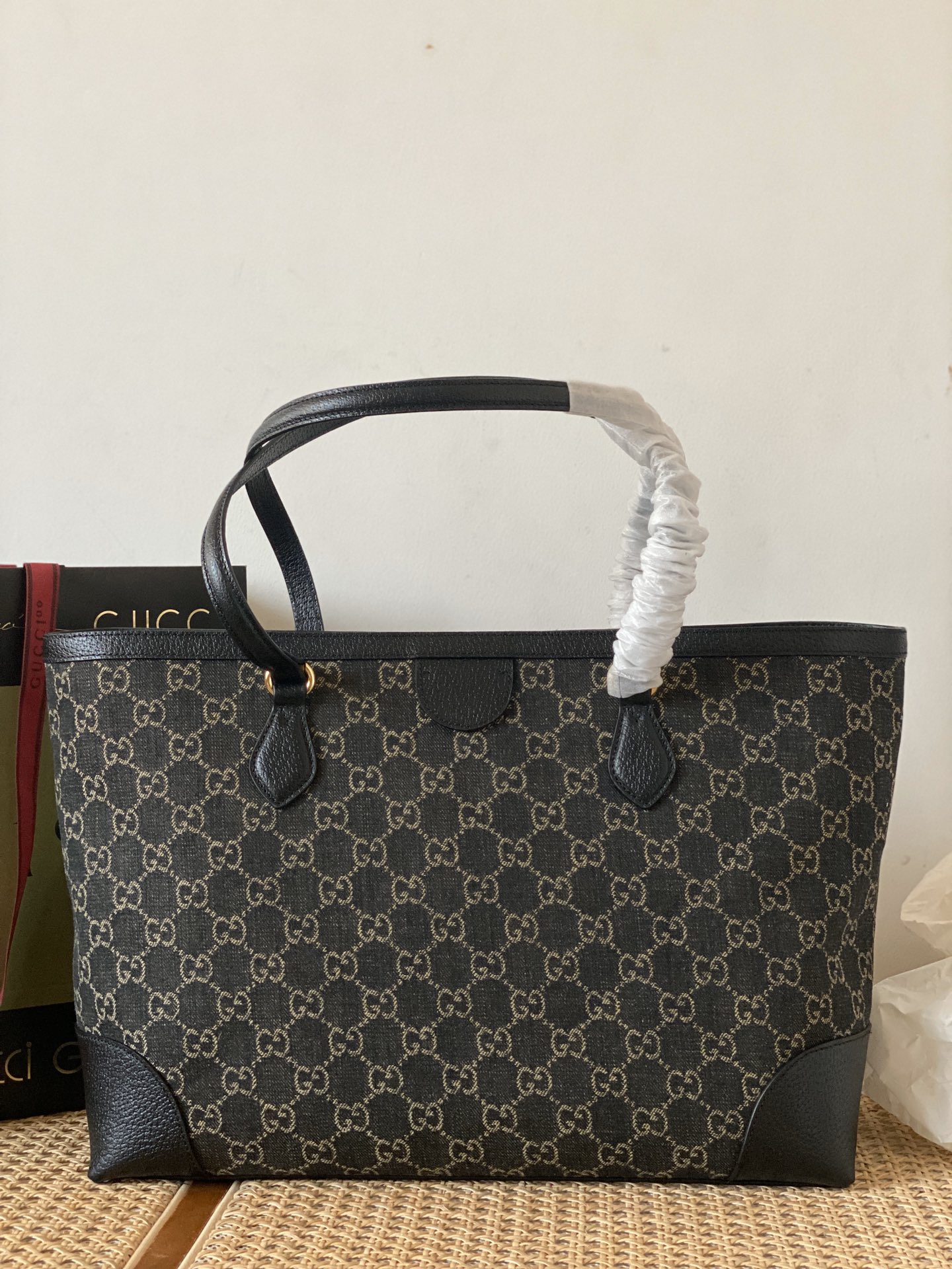 Good Copy Gucci Ophidia Medium Tote with Web Black and Ivory GG Denim Jacquard 631685