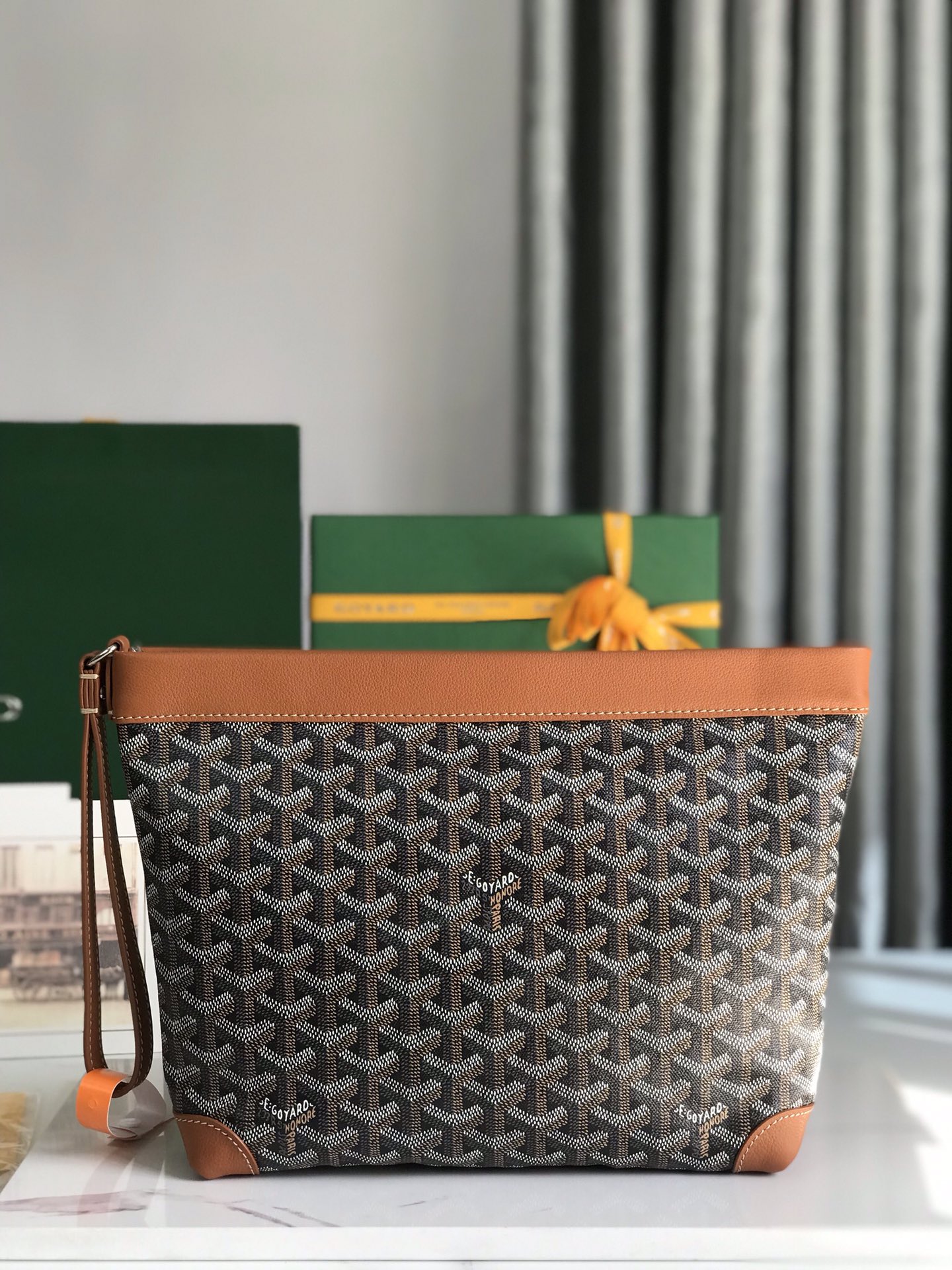 Goyard Conti Pouch Goyardine Canvas and Chevroches Calfskin Black and Tan