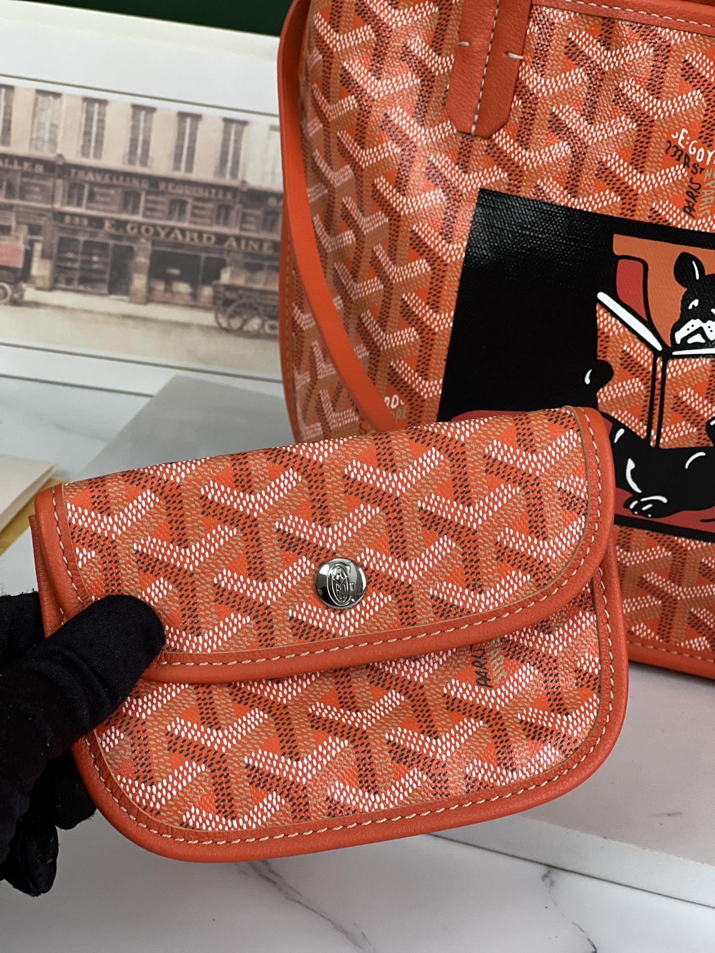 Goyard Mini Anjou Reversible Tote In Goyardine Calfskin with French Bulldog Orange