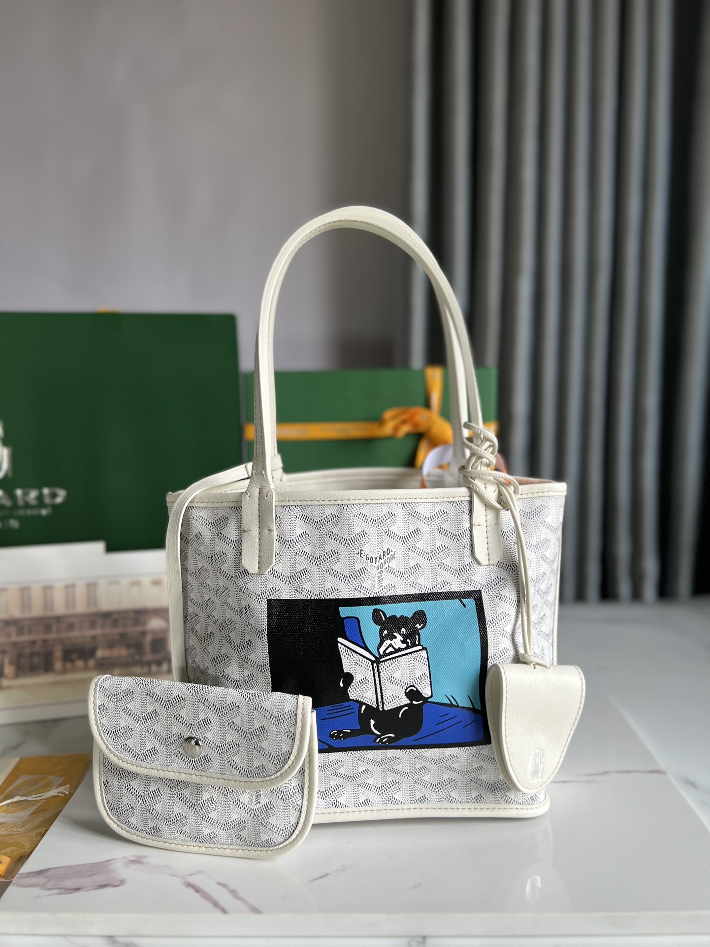 Goyard Mini Anjou Reversible Tote In Goyardine Calfskin with French Bulldog White