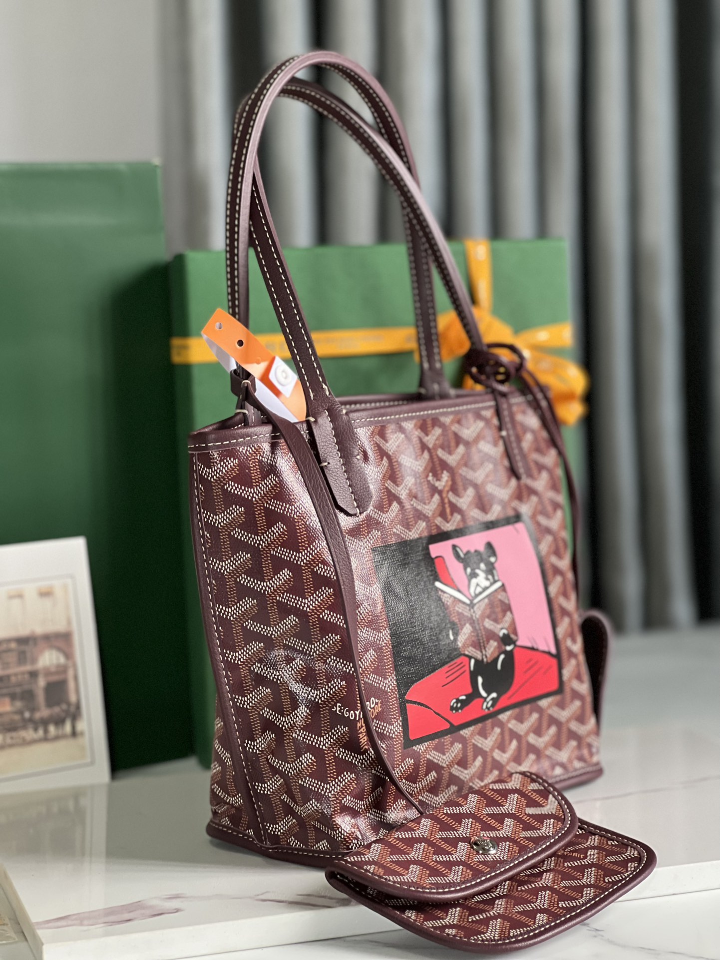 Goyard Mini Anjou Reversible Tote In Goyardine Calfskin with French Bulldog Wine Red