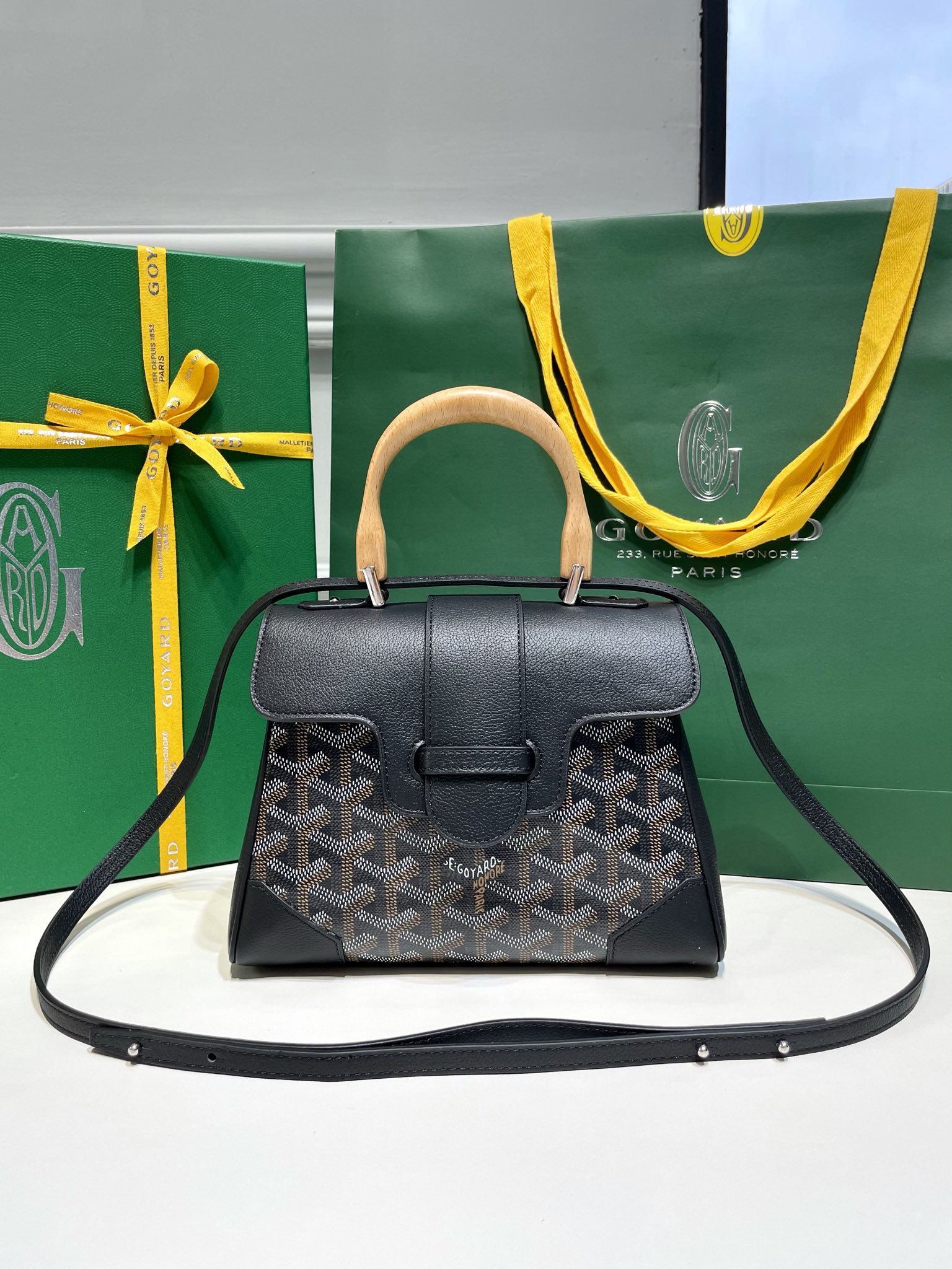 Goyard Mini Saigon Bag Goyardine Coated-Canvas With Calfskin Leather and Wooden Top Handle Black