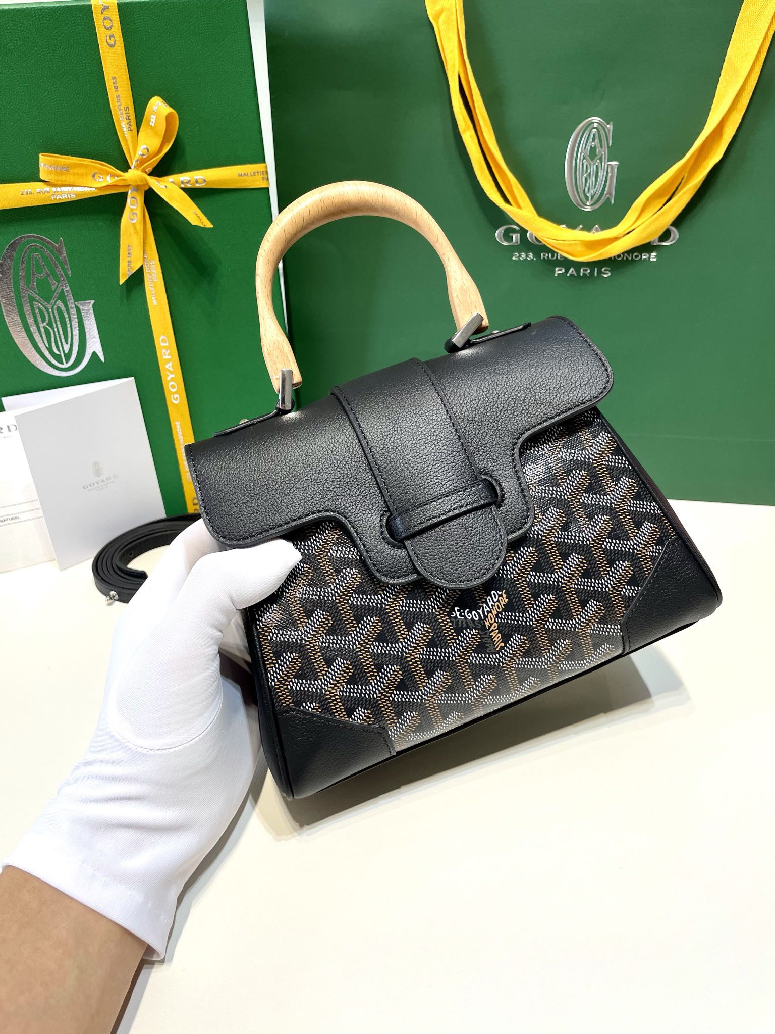 Goyard Mini Saigon Bag Goyardine Coated-Canvas With Calfskin Leather and Wooden Top Handle Black