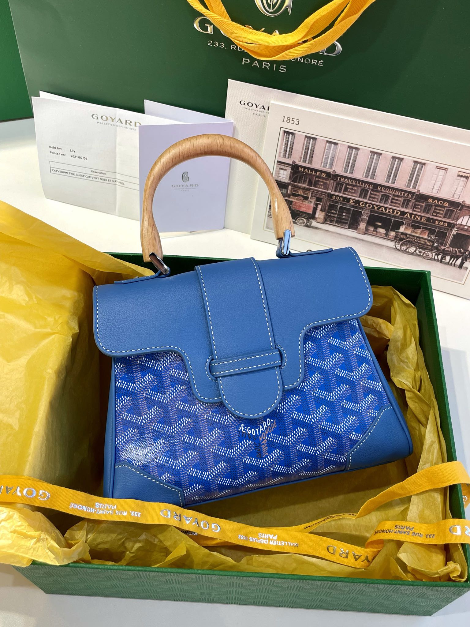 Goyard Mini Saigon Bag Goyardine Coated-Canvas With Calfskin Leather and Wooden Top Handle Blue