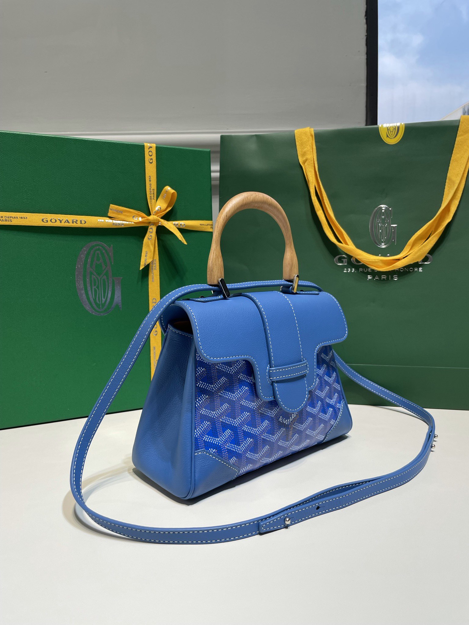 Goyard Mini Saigon Bag Goyardine Coated-Canvas With Calfskin Leather and Wooden Top Handle Blue