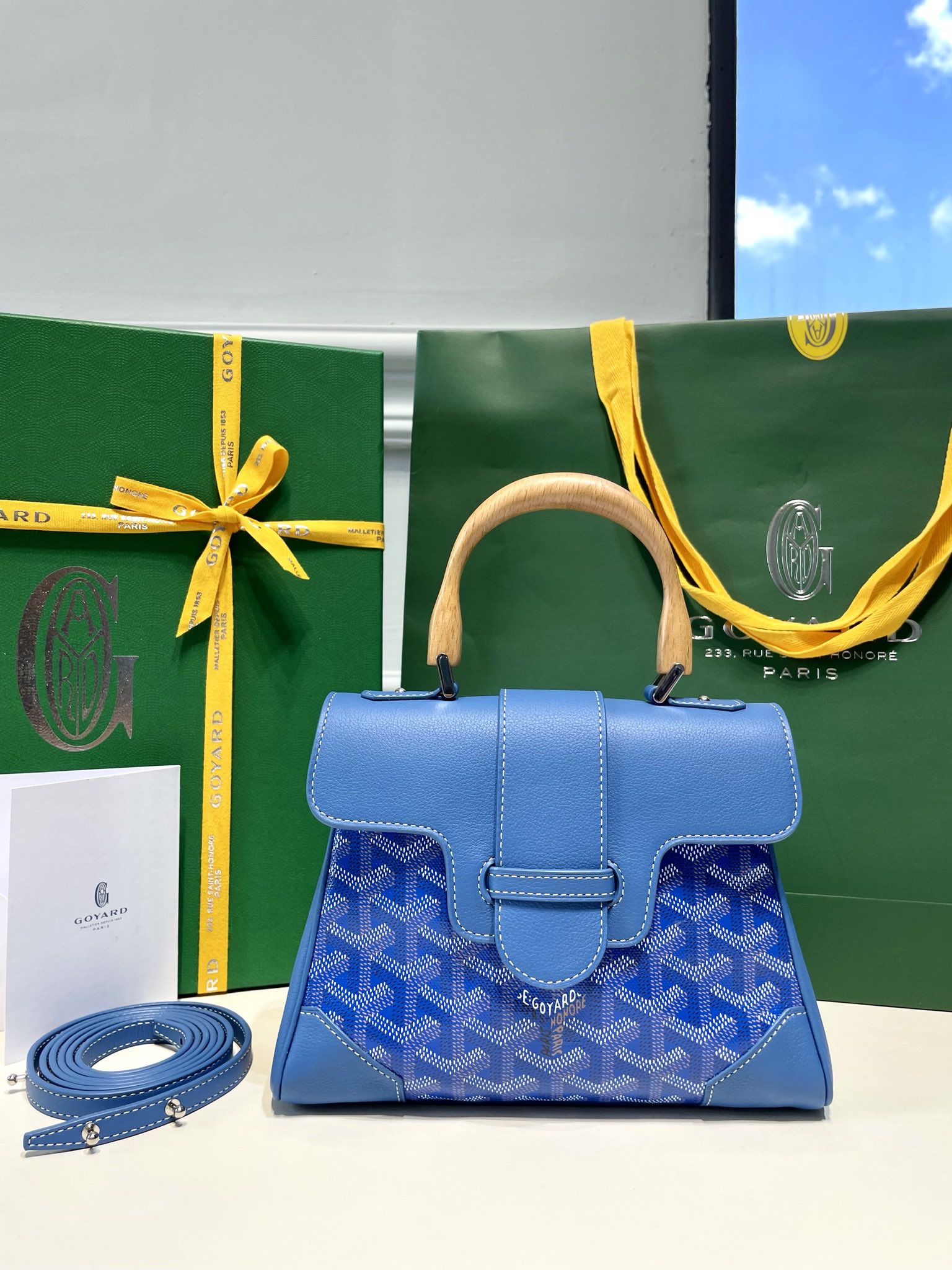 Goyard Mini Saigon Bag Goyardine Coated-Canvas With Calfskin Leather and Wooden Top Handle Blue