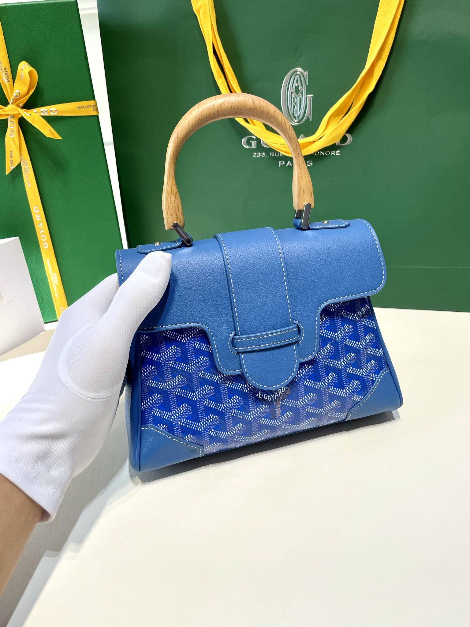 Goyard Mini Saigon Bag Goyardine Coated-Canvas With Calfskin Leather and Wooden Top Handle Blue