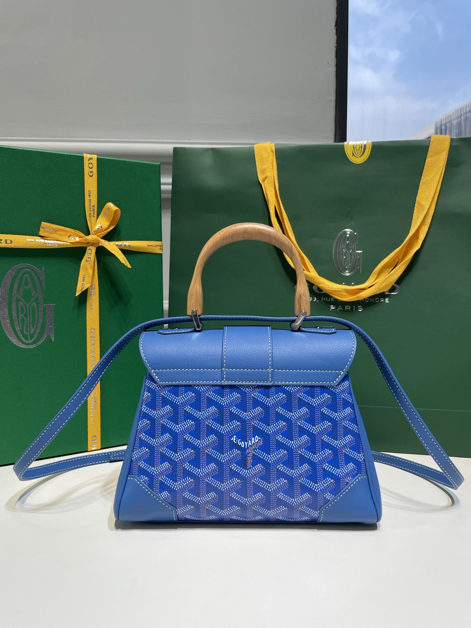 Goyard Mini Saigon Bag Goyardine Coated-Canvas With Calfskin Leather and Wooden Top Handle Blue