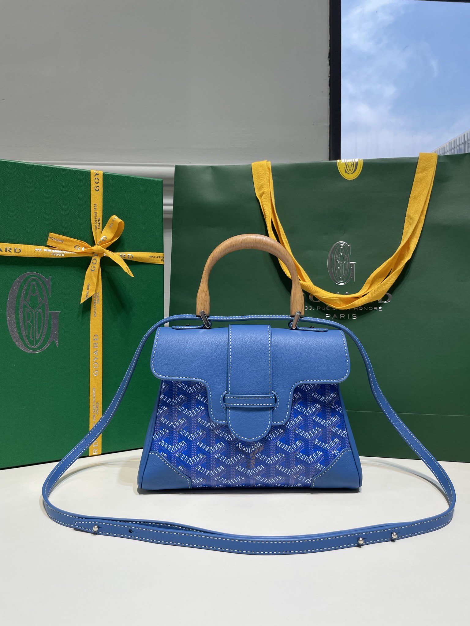 Goyard Mini Saigon Bag Goyardine Coated-Canvas With Calfskin Leather and Wooden Top Handle Blue