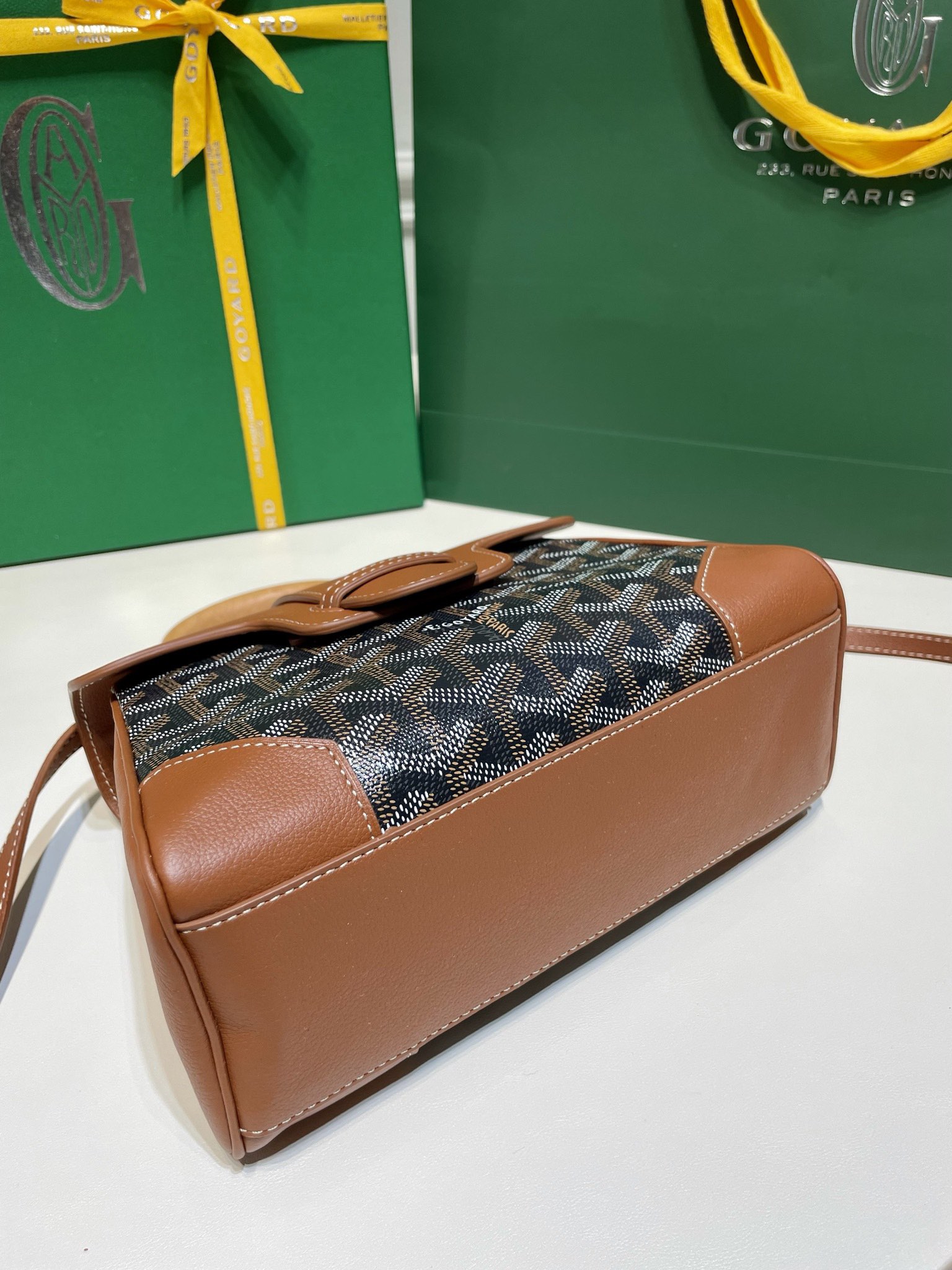 Goyard Mini Saigon Bag Goyardine Coated-Canvas With Calfskin Leather and Wooden Top Handle Borwn Gray