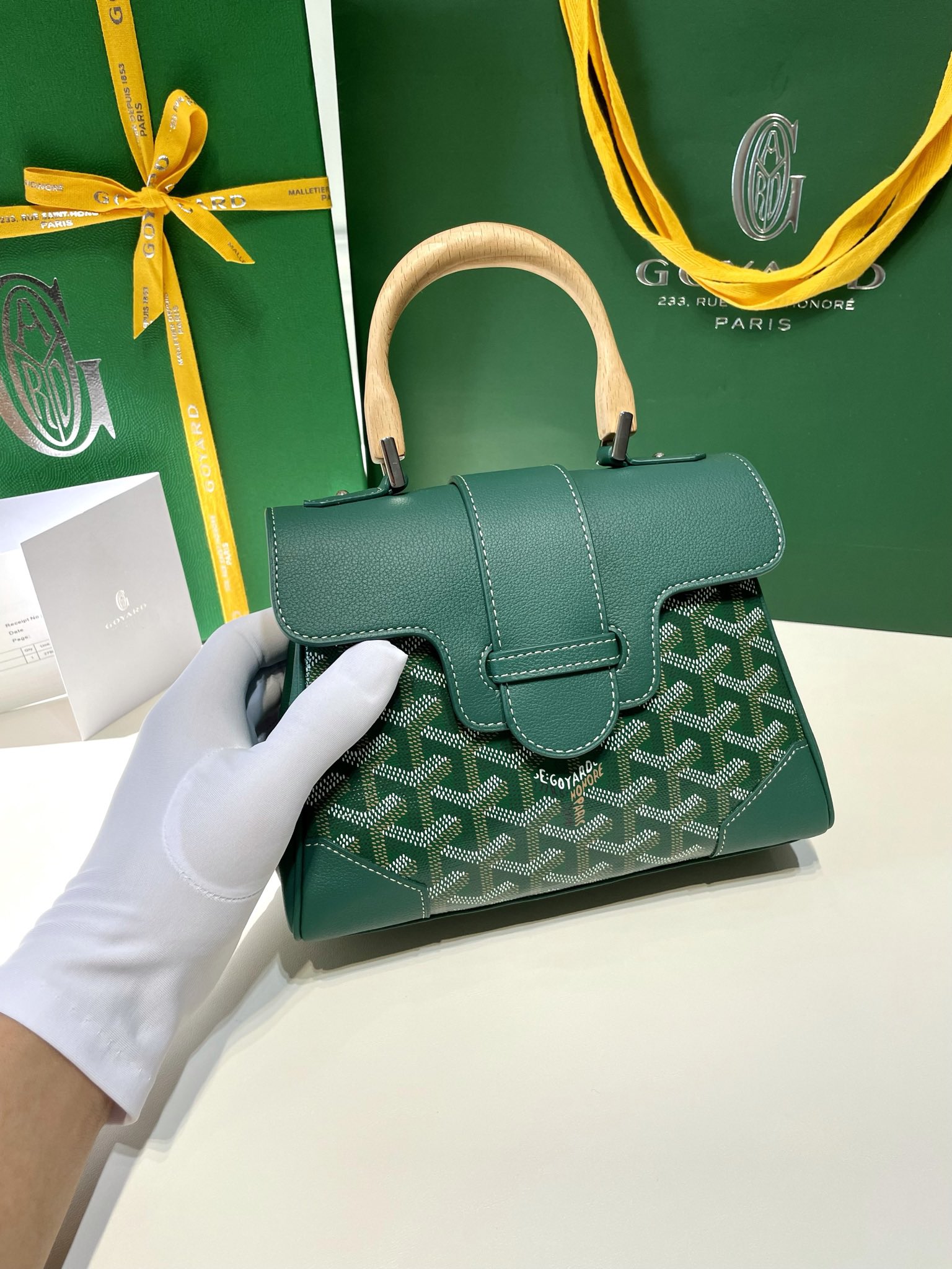 Goyard Mini Saigon Bag Goyardine Coated-Canvas With Calfskin Leather and Wooden Top Handle Green