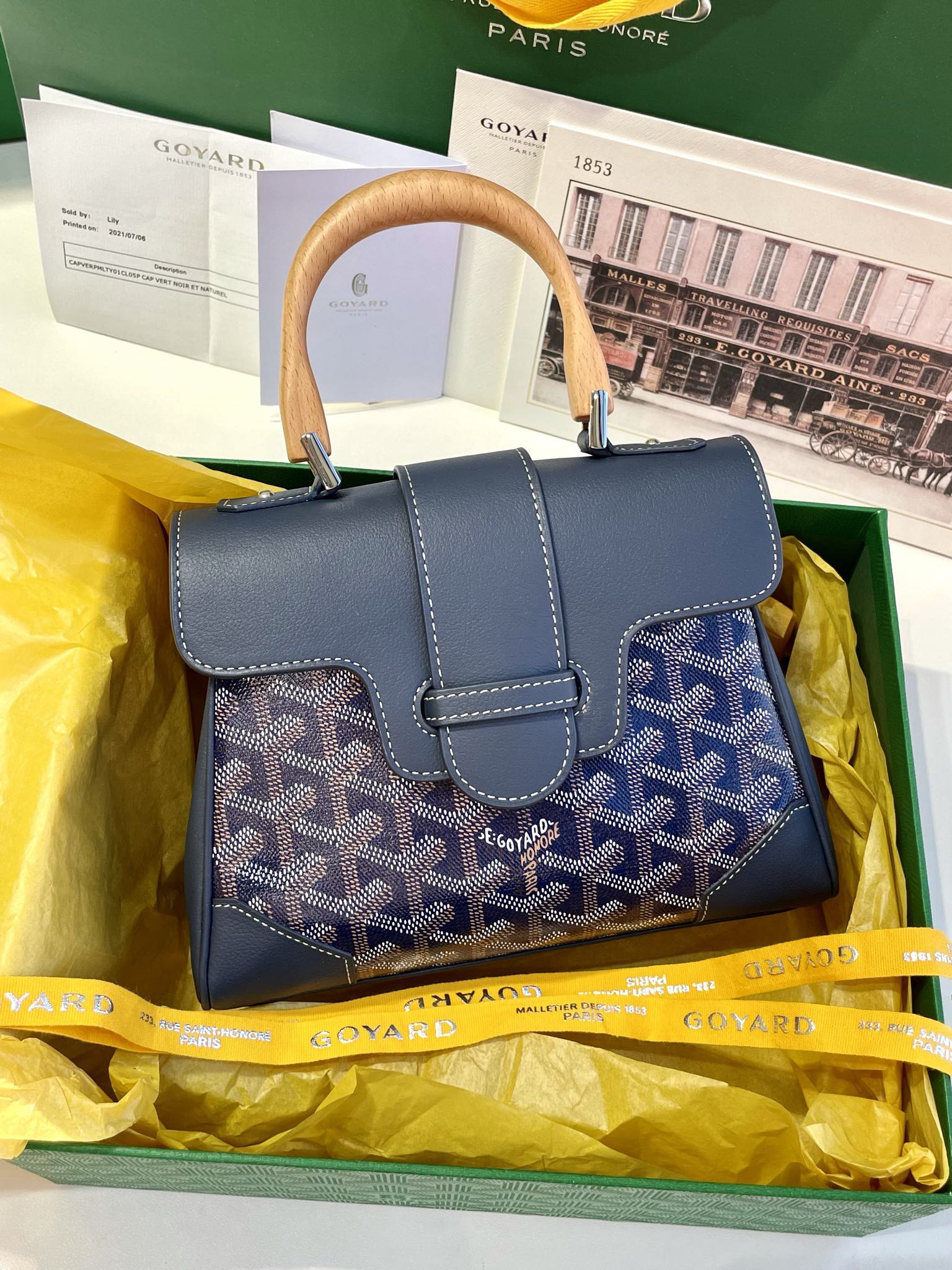 Goyard Mini Saigon Bag Goyardine Coated-Canvas With Calfskin Leather and Wooden Top Handle Navy