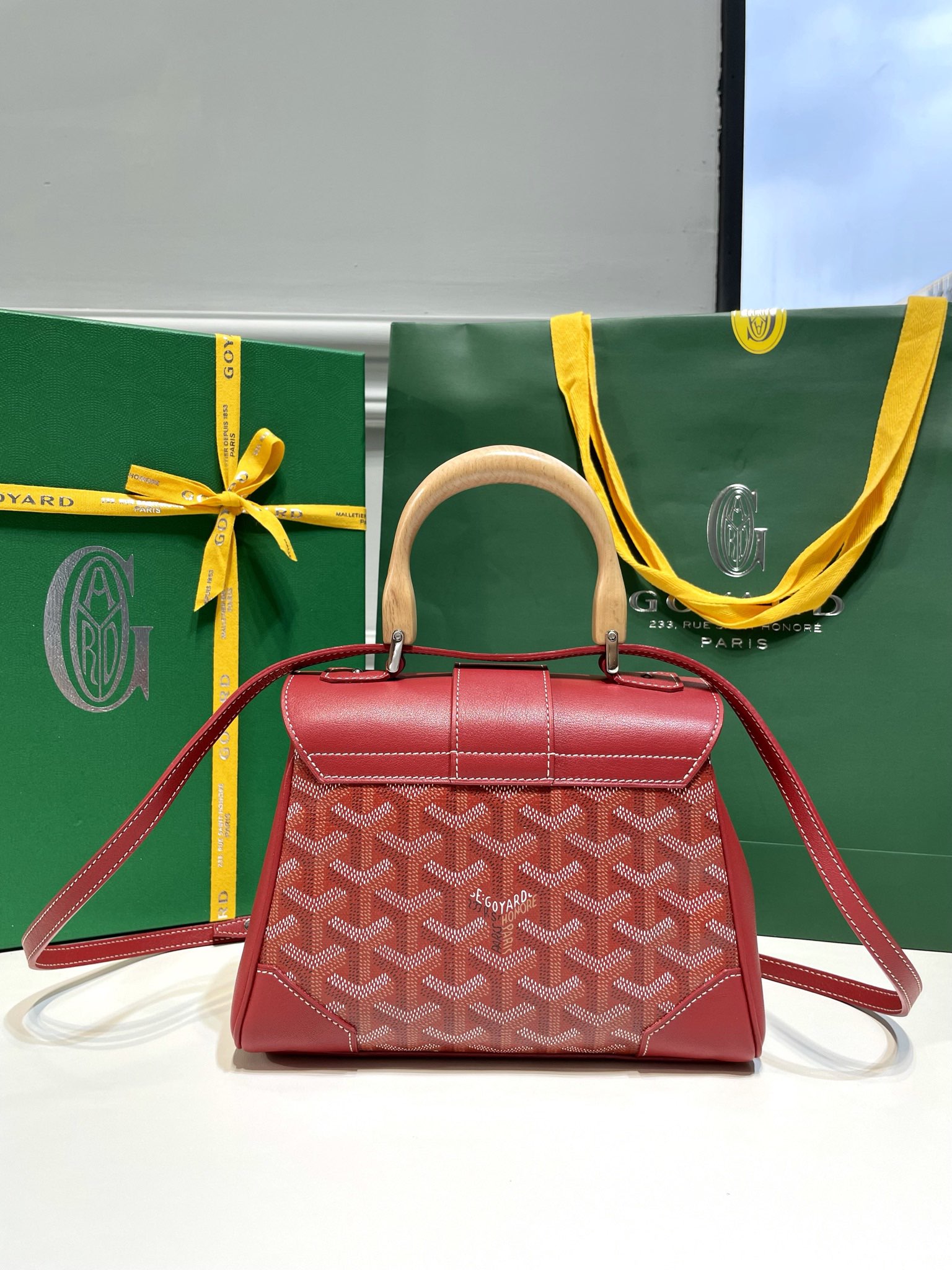 Goyard Mini Saigon Bag Goyardine Coated-Canvas With Calfskin Leather and Wooden Top Handle Red