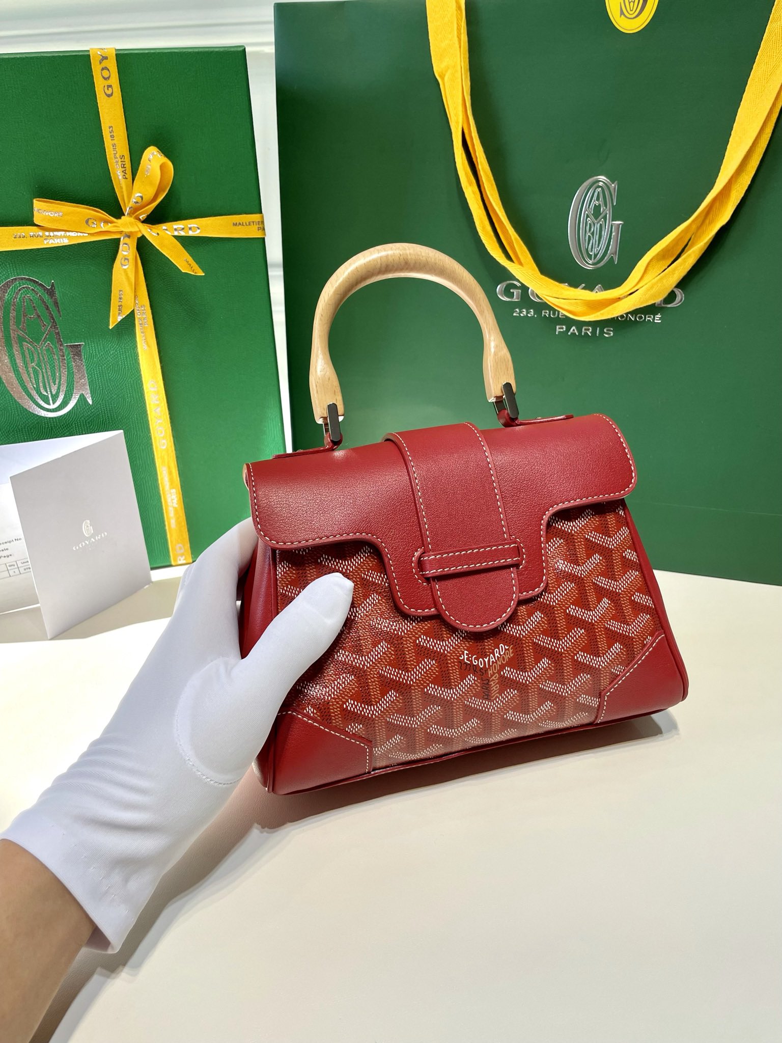 Goyard Mini Saigon Bag Goyardine Coated-Canvas With Calfskin Leather and Wooden Top Handle Red