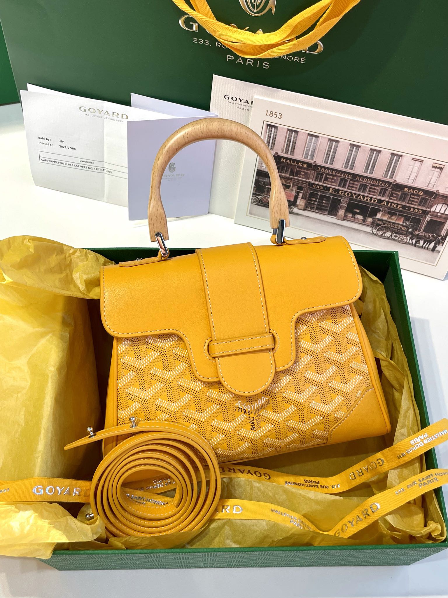 Goyard Mini Saigon Bag Goyardine Coated-Canvas With Calfskin Leather and Wooden Top Handle Yellow