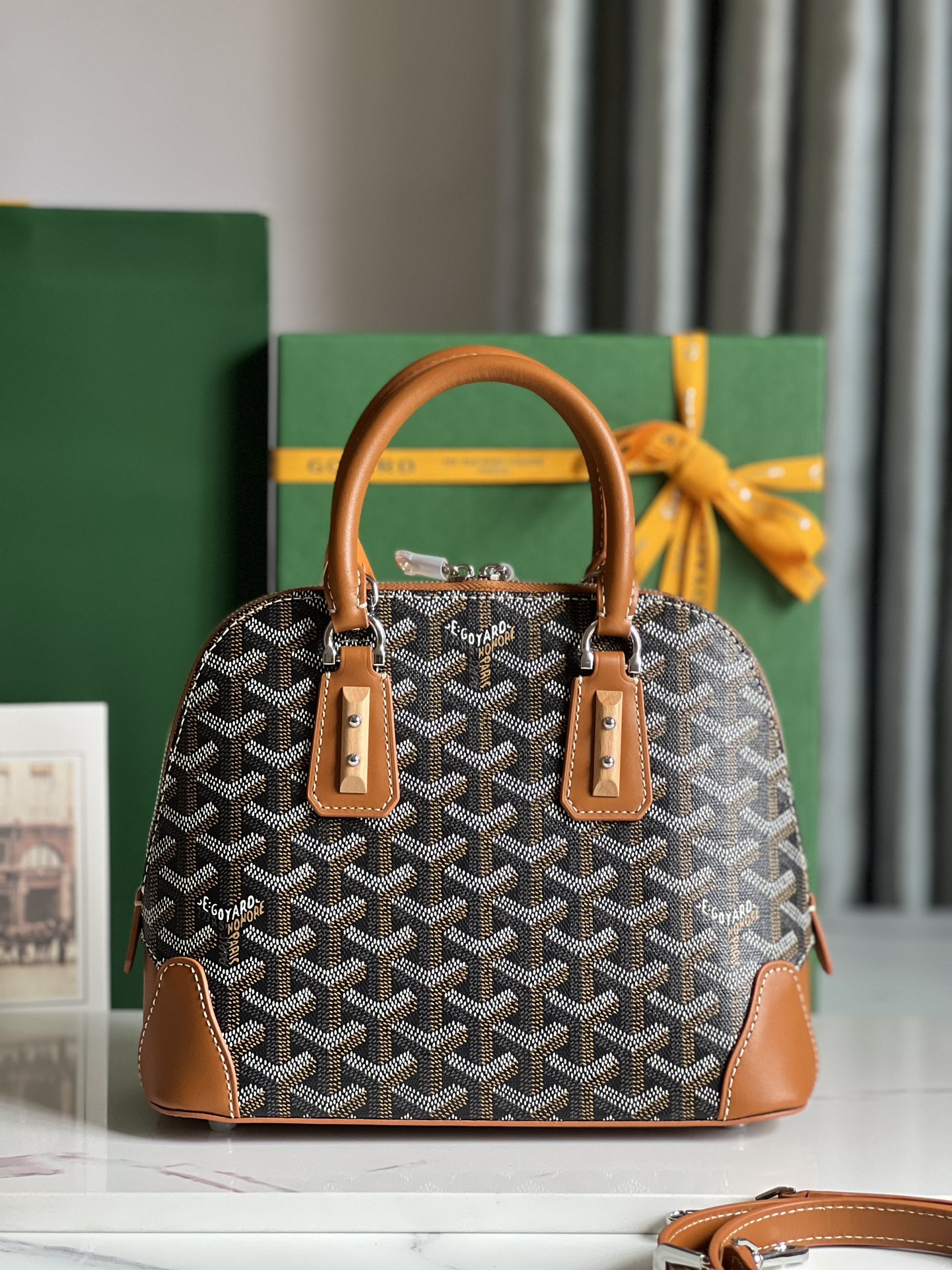 Goyard Vendome PM Bag Goyardine Canvas Chevroches Calfskin Black and Tan