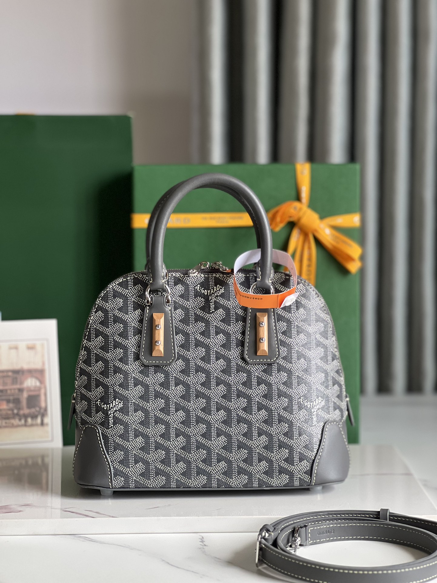 Goyard Vendome PM Bag Goyardine Canvas Chevroches Calfskin Grey