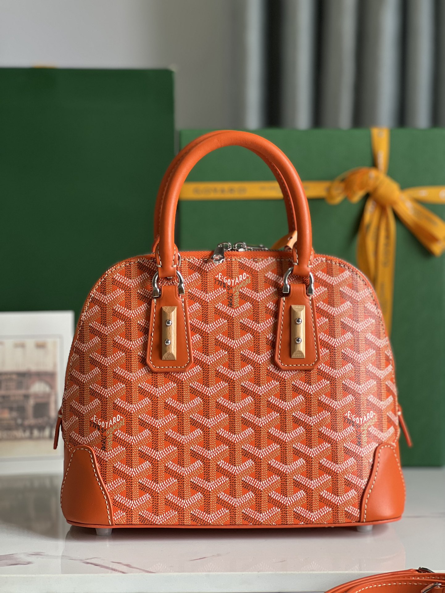 Goyard Vendome PM Bag Goyardine Canvas Chevroches Calfskin Orange