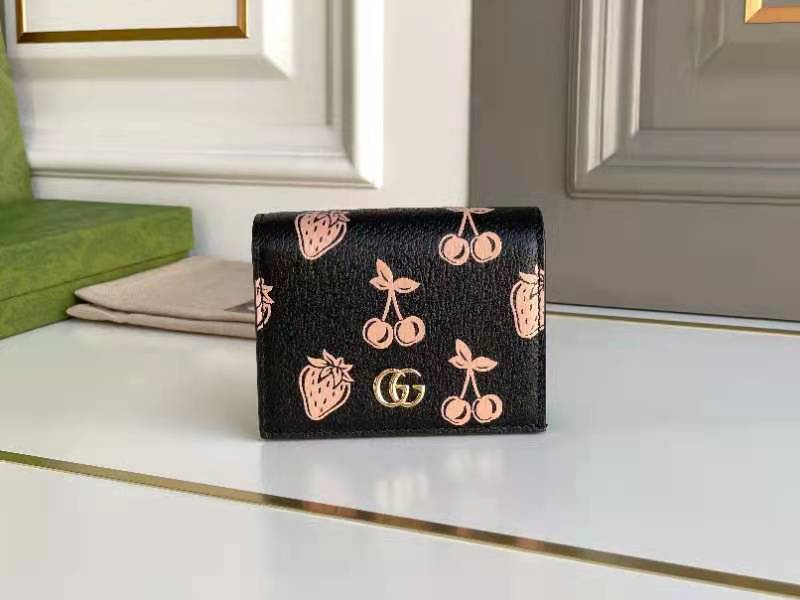 Gucci 456126 Women GG Marmont Card Case Wallet Black Fruit Printing