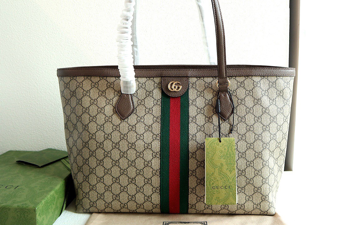 Gucci 631685 Ophidia GG Medium Tote Beige and Ebony GG Supreme Canvas