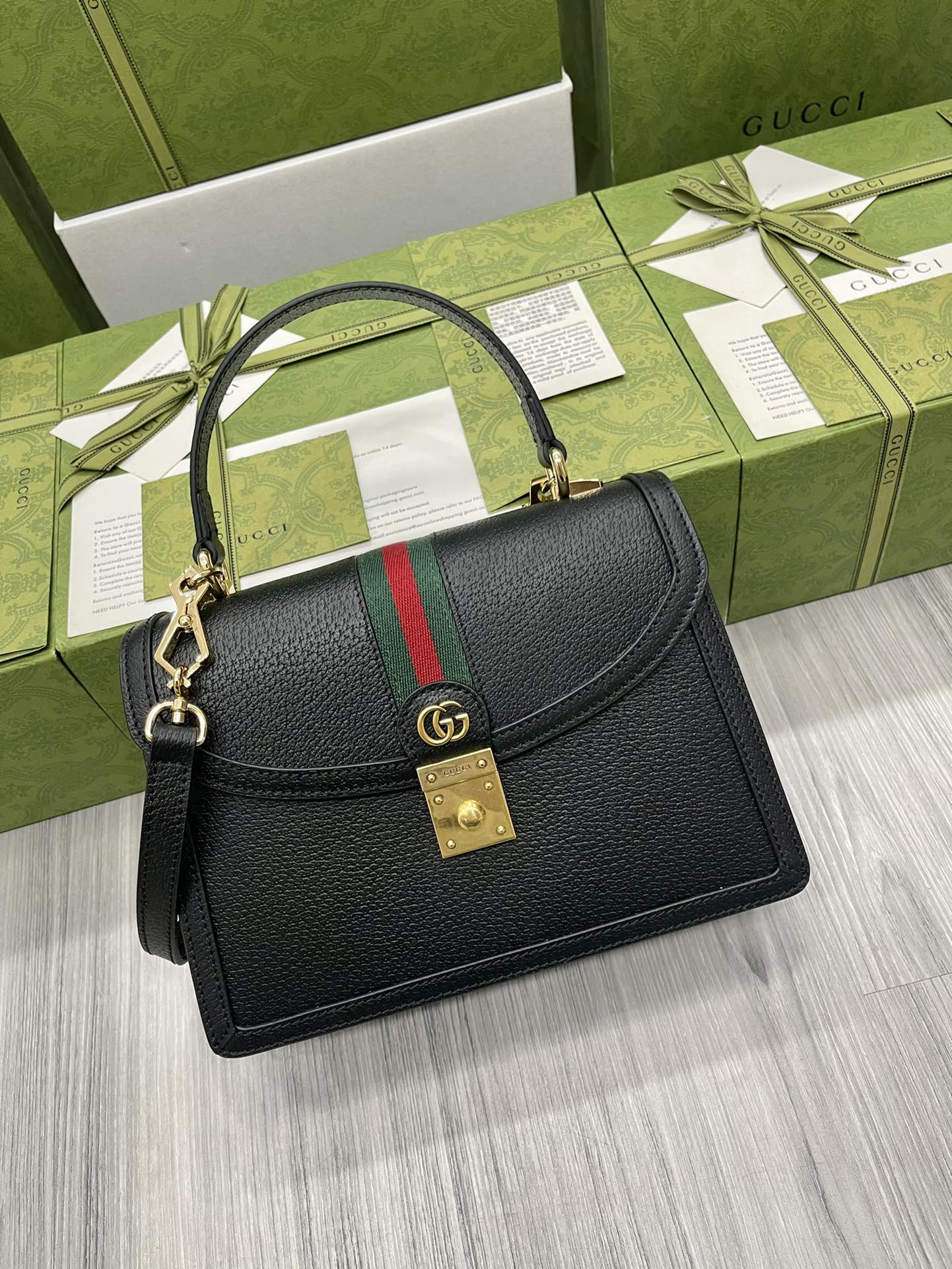 Gucci 651055 Ophidia GG Small Top Handle Bag Black Leather