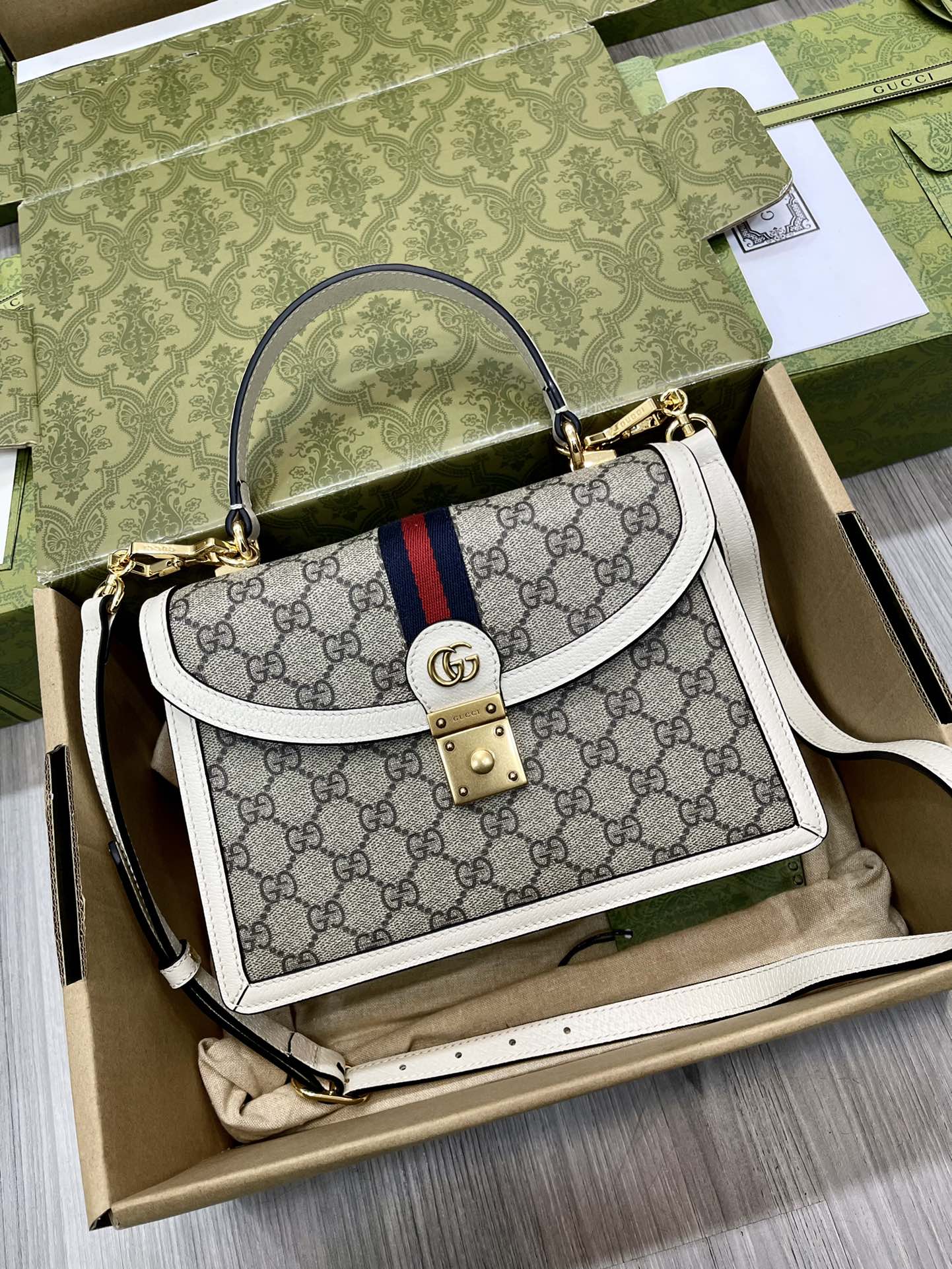 Gucci 651055 Ophidia GG Small Top Handle Bag White and Ebony GG Supreme Canvas