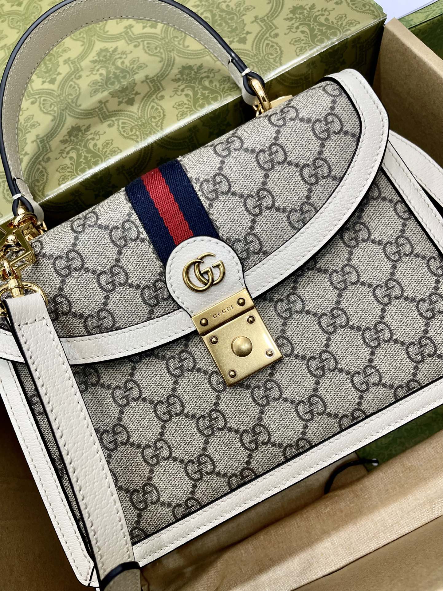 Gucci 651055 Ophidia GG Small Top Handle Bag White and Ebony GG Supreme Canvas