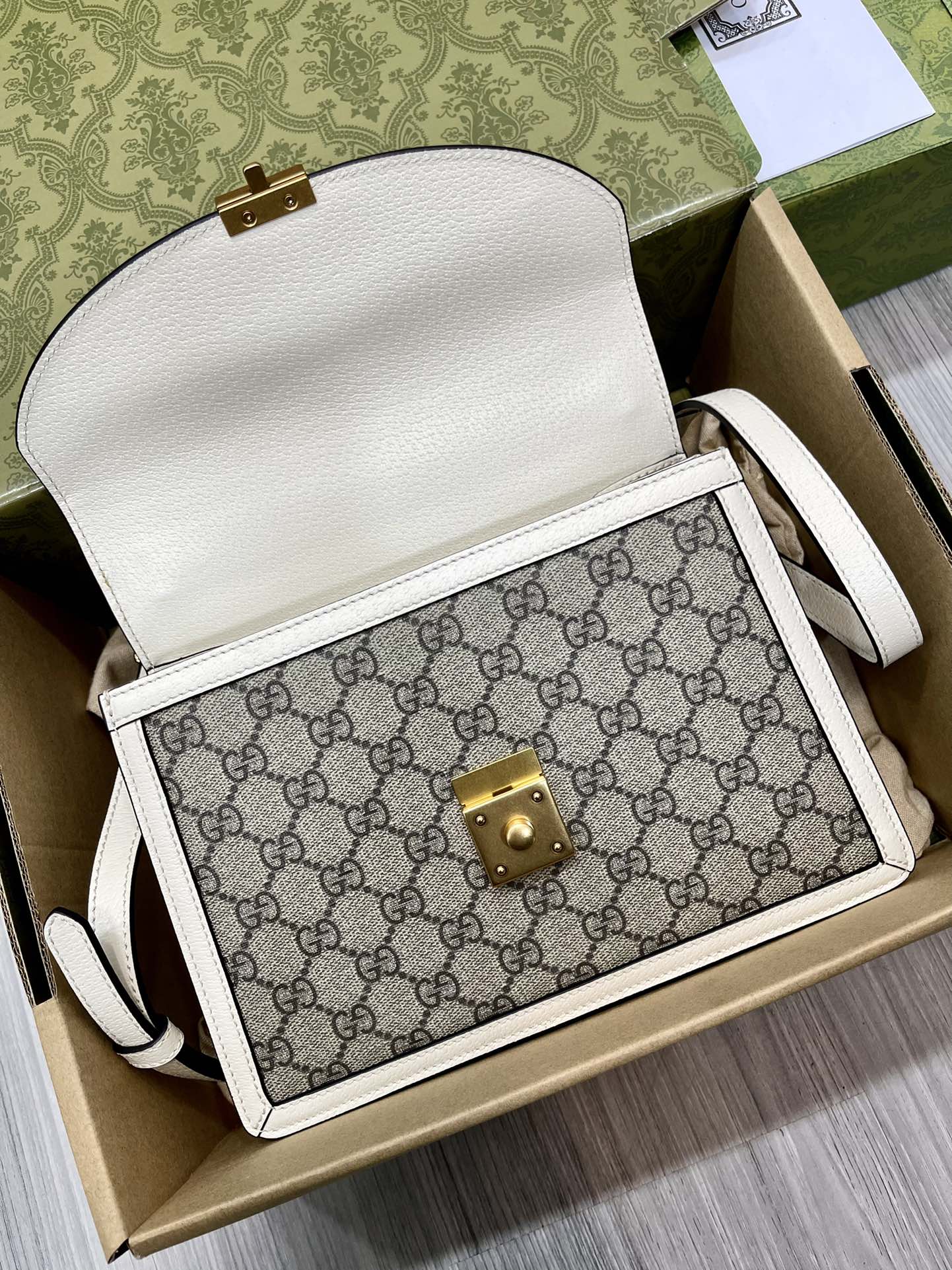 Gucci 651055 Ophidia GG Small Top Handle Bag White and Ebony GG Supreme Canvas