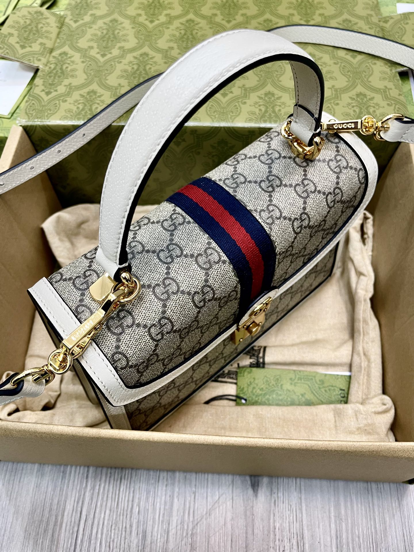 Gucci 651055 Ophidia GG Small Top Handle Bag White and Ebony GG Supreme Canvas