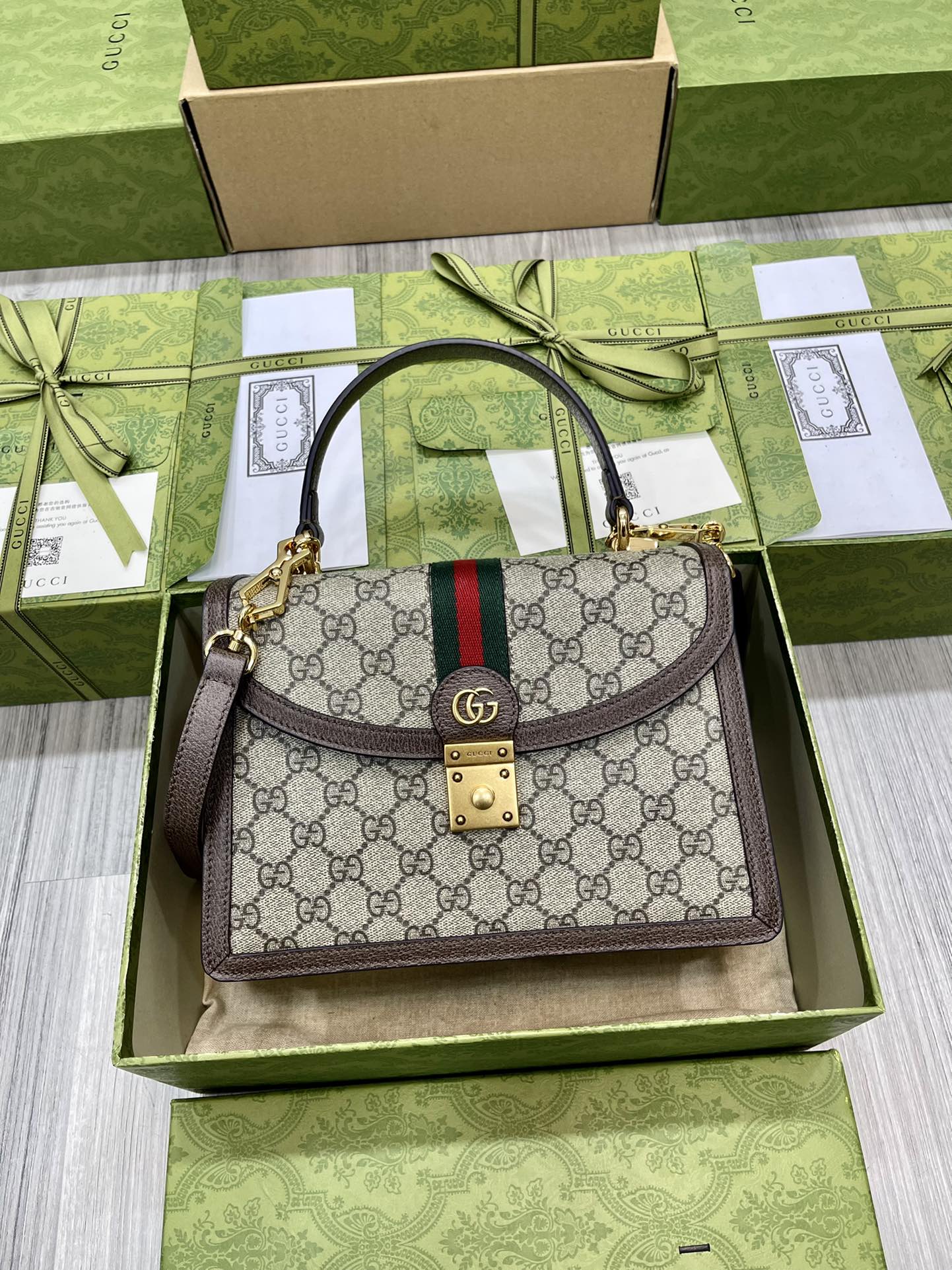 Gucci 651055 Ophidia GG small Top Handle Bag Beige and Ebony GG Supreme Canvas