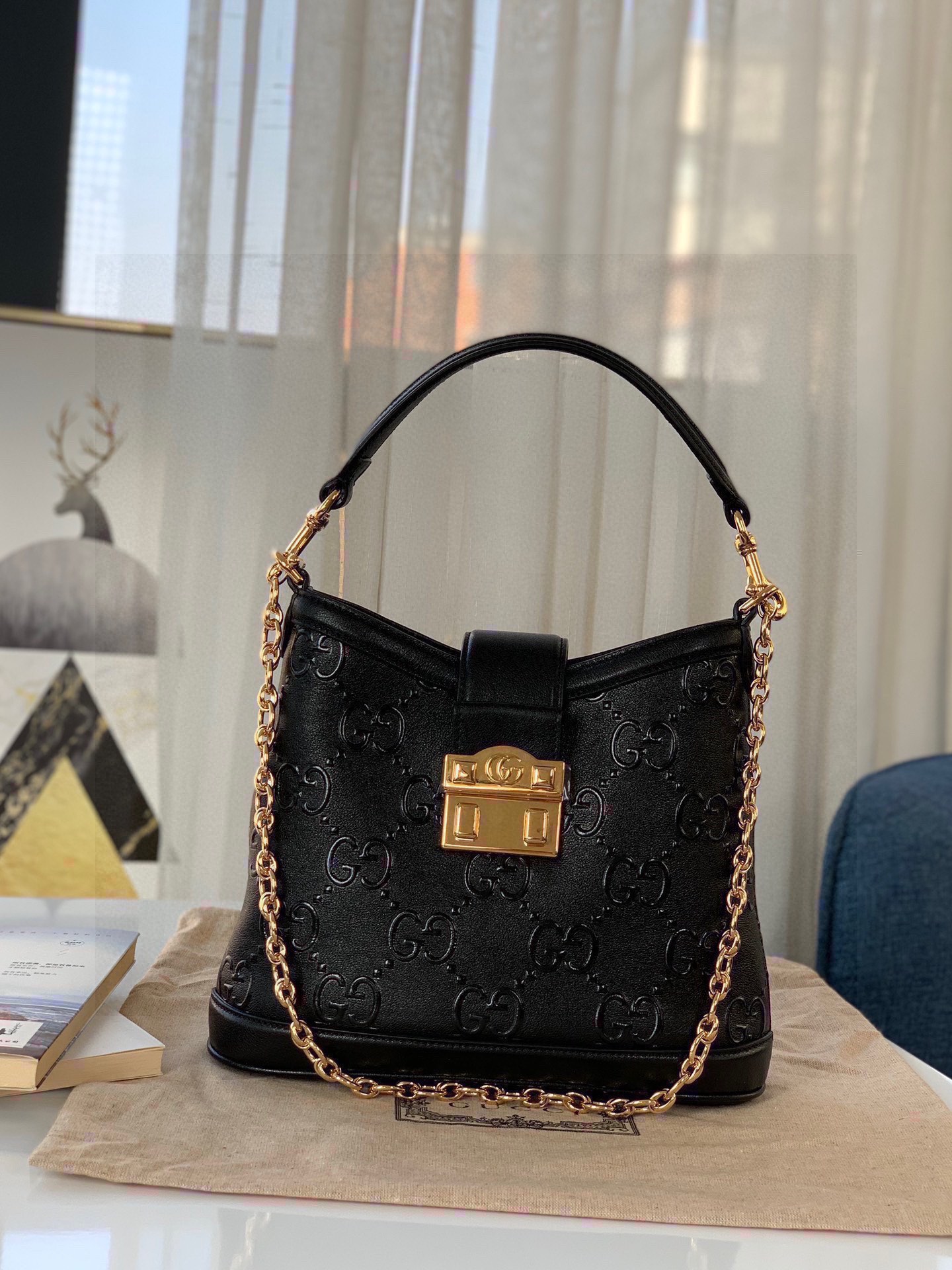 Gucci 675788 Small GG Shoulder Bag Black Debossed GG Leather