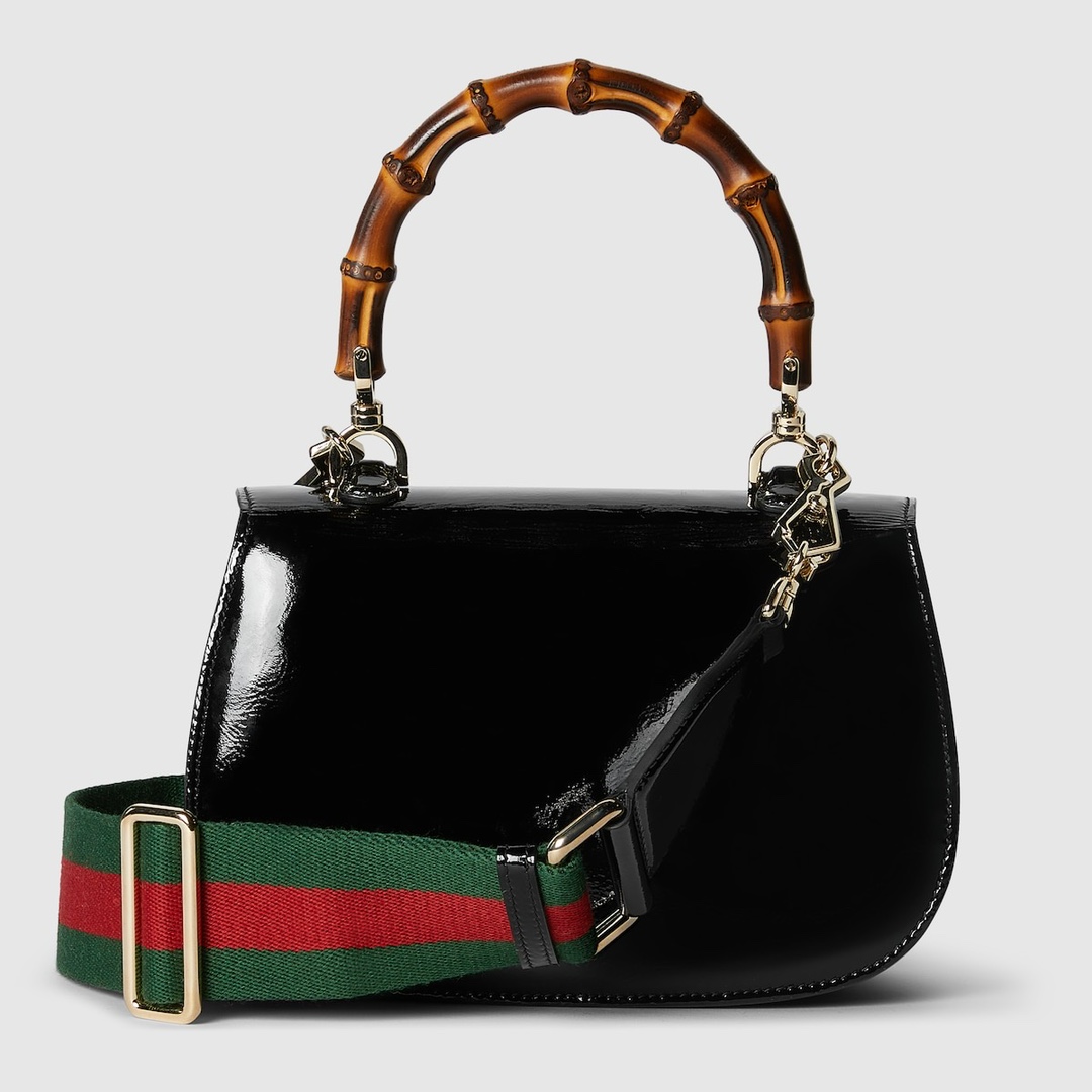 Gucci 675797 Bamboo 1947 Small Top Handle Bag Black Patent Leather